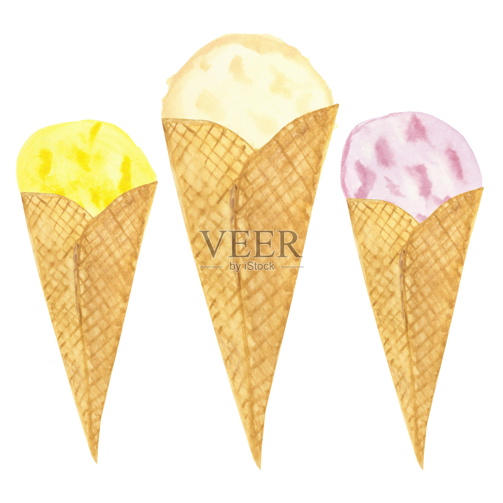 水彩画，三杯冰淇淋，孤立在白色背景上。五颜六色的软冰淇淋在蛋卷的美丽设计。设计元素图片