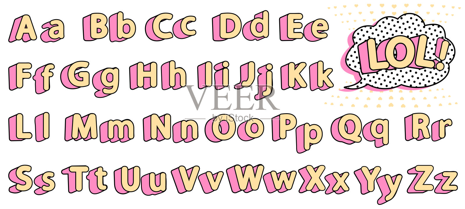 一套可爱的lol娃娃字母表。黄色的字母加上粉红色的阴影，代表“小公主”。插画图片素材