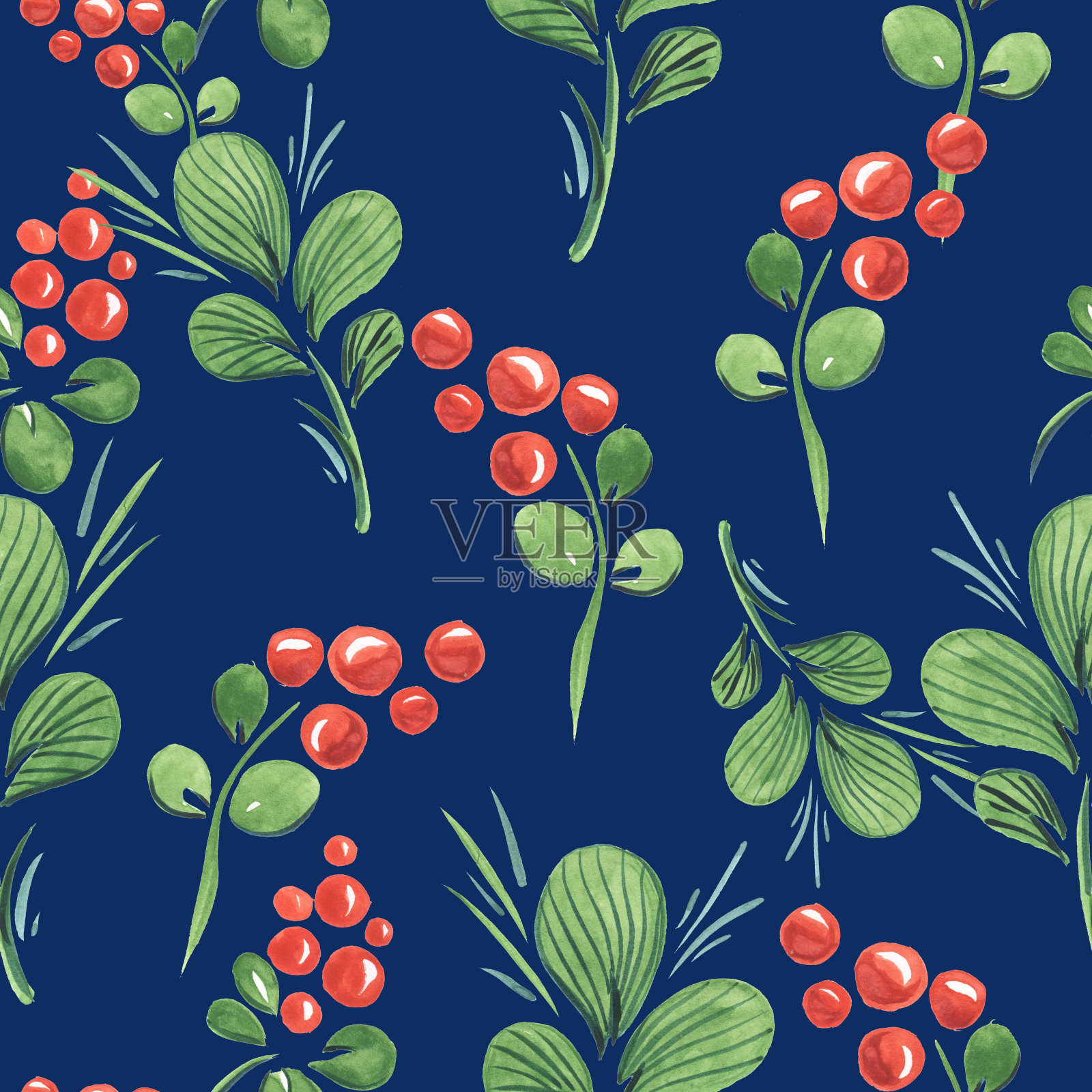 水彩模式红蔓越莓蔓越莓在蓝色背景插画图片素材