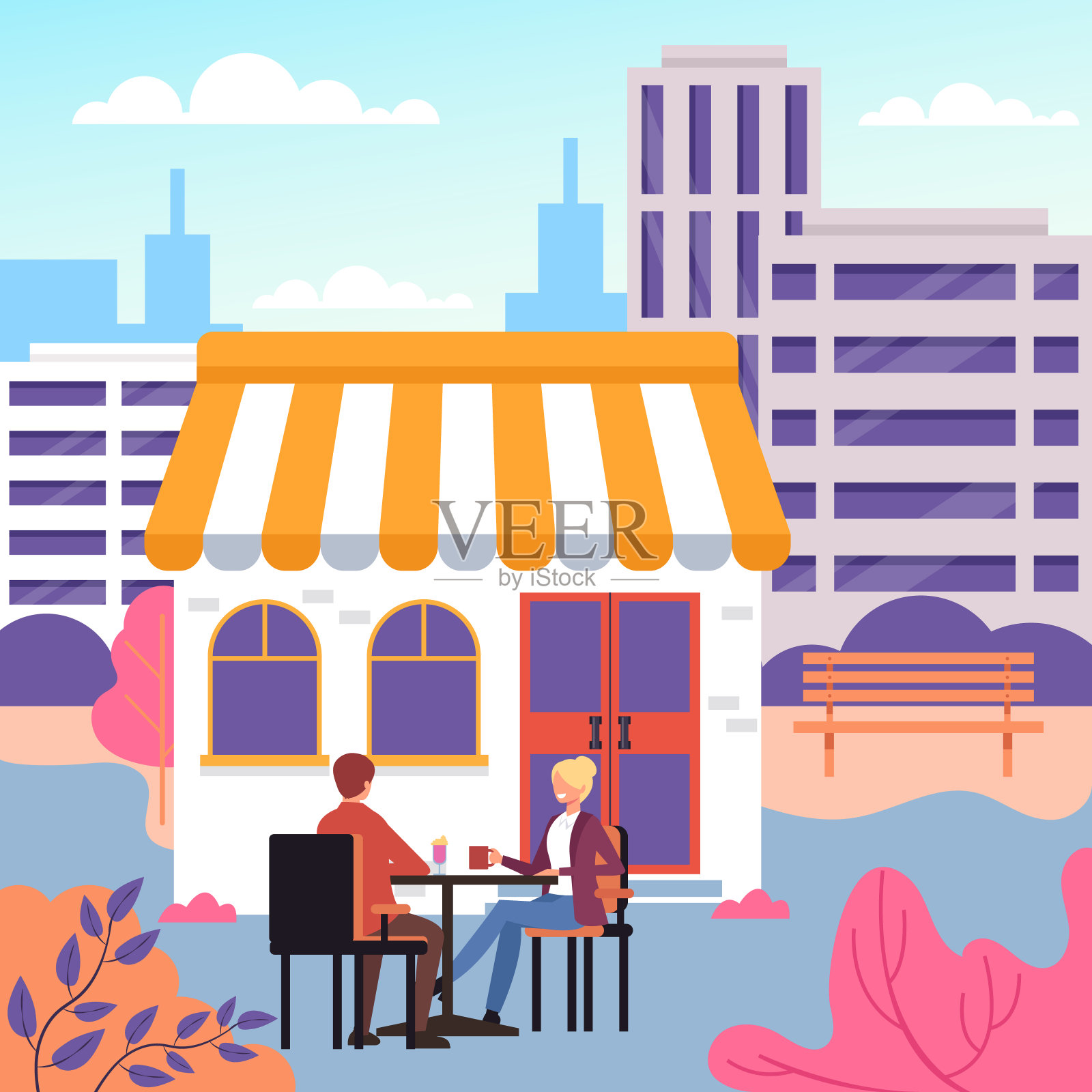 两男一女坐在咖啡馆里喝咖啡。矢量设计平面图形卡通插图插画图片素材