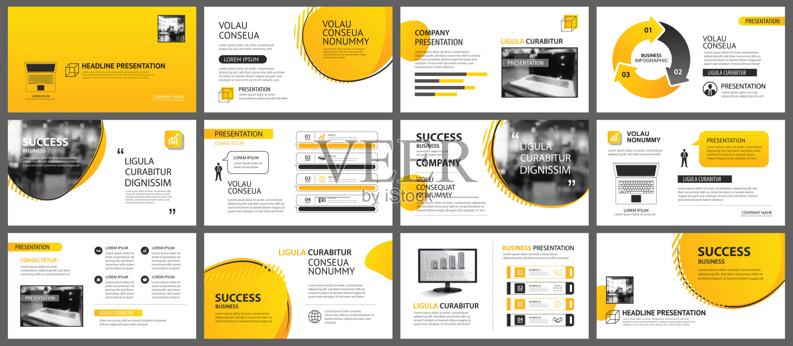 演示文稿和幻灯片布局背景。设计黄色和橙色梯度几何模板。用于商业年度报告，传单，营销，传单，广告，小册子，现代风格。设计模板素材