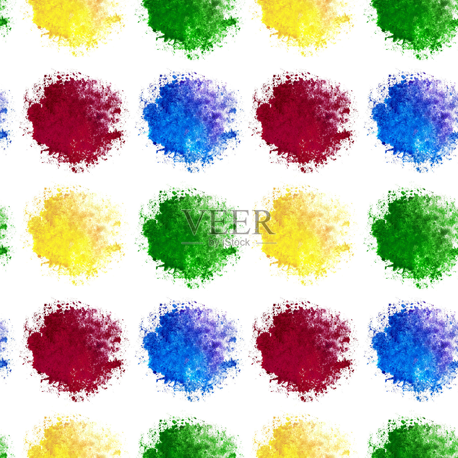 无缝水彩彩虹斑点飞溅红、黄、蓝、绿颜色隔离在白色背景上的纺织品，墙纸，包装，背景插画图片素材