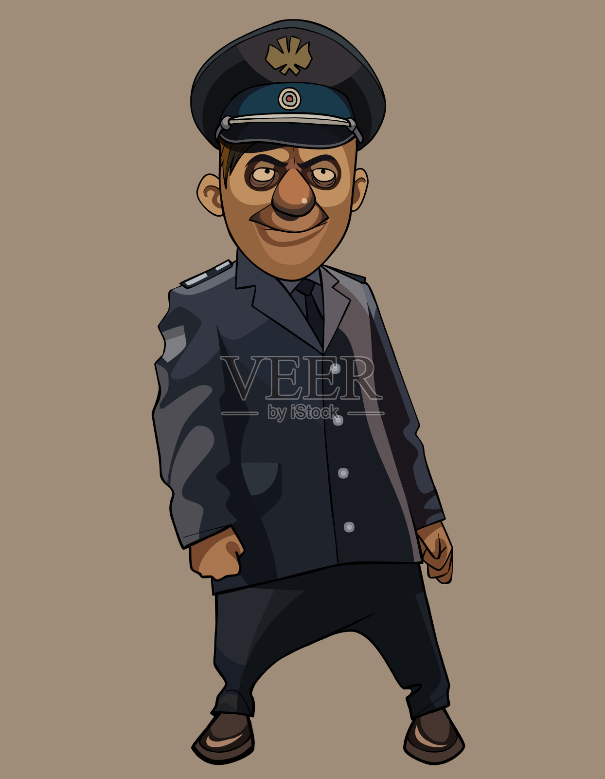 卡通滑稽微笑的男人穿着深灰色的警察制服插画图片素材