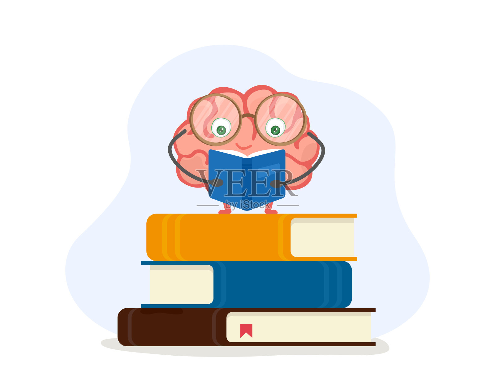 戴着眼镜的脑字符站在书上看书。插画图片素材