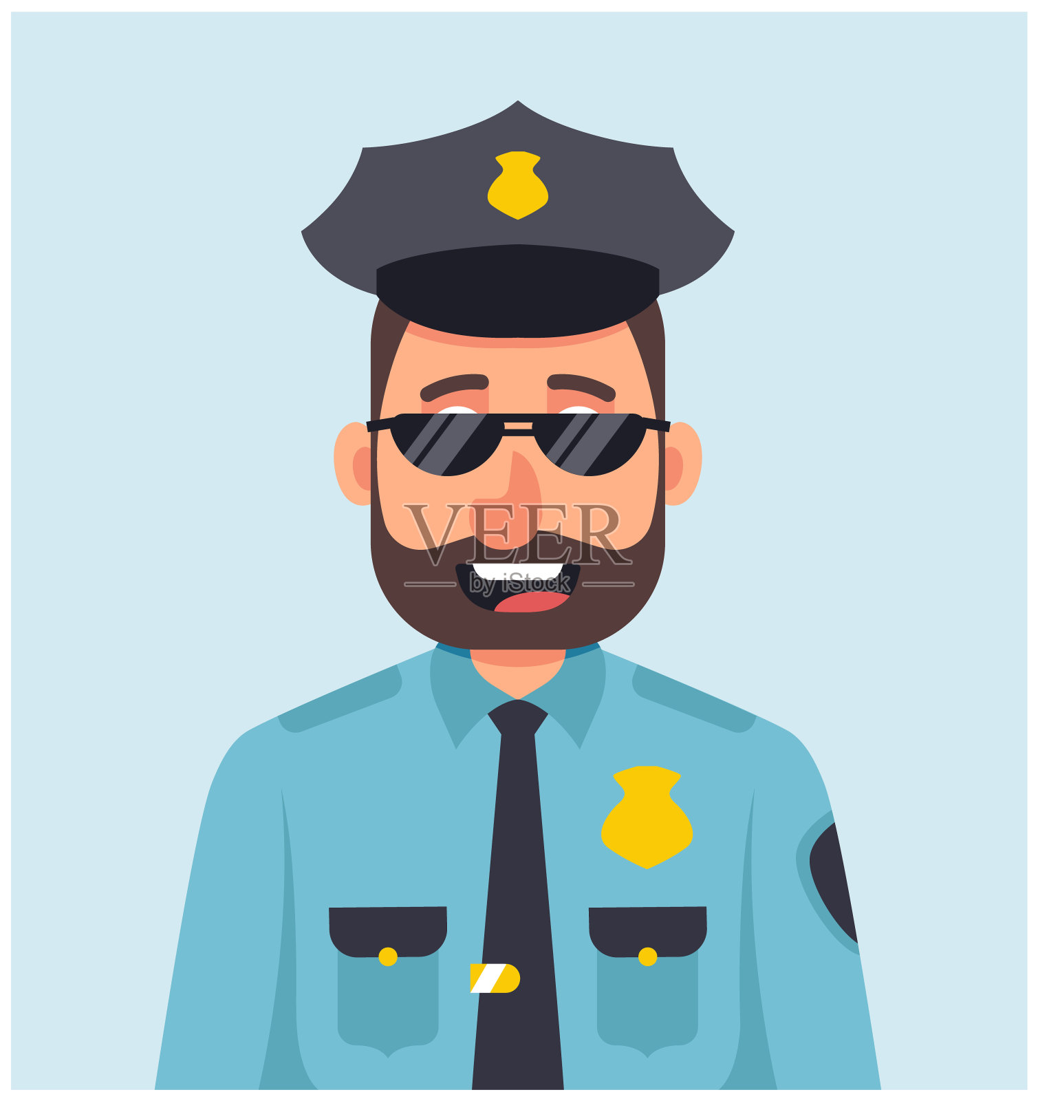 戴眼镜的男警察，穿着蓝色制服微笑。插画图片素材