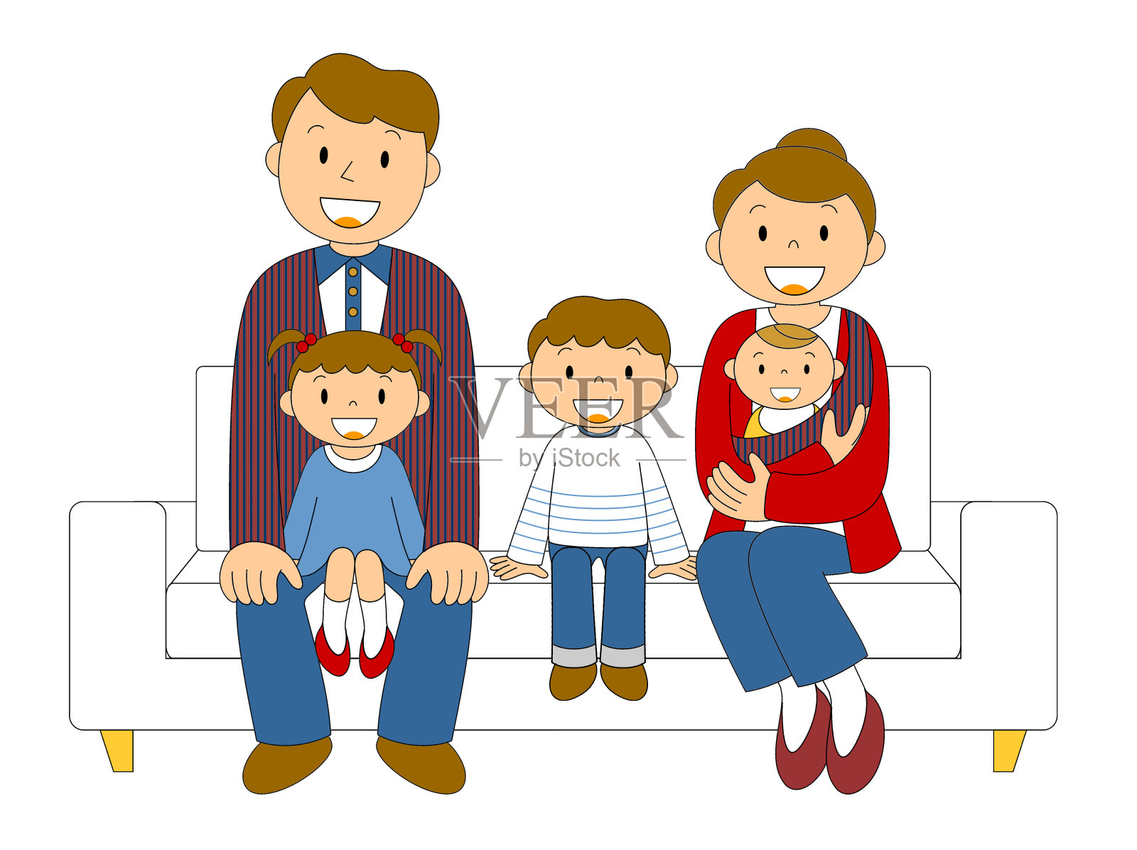 一张五口之家坐在沙发上的插图插画图片素材