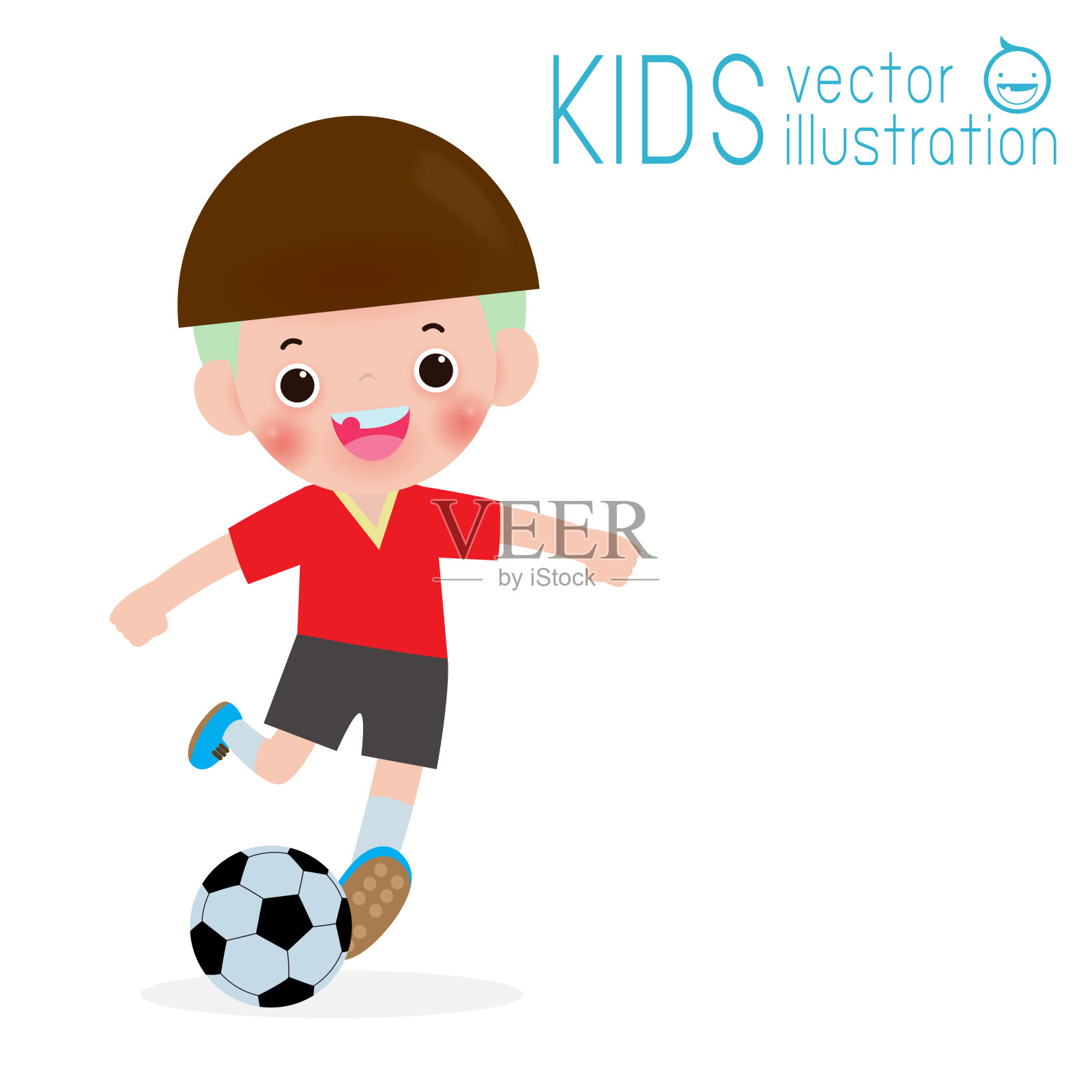 孩子踢足球在孤立的白色背景，儿童和运动矢量插图插画图片素材