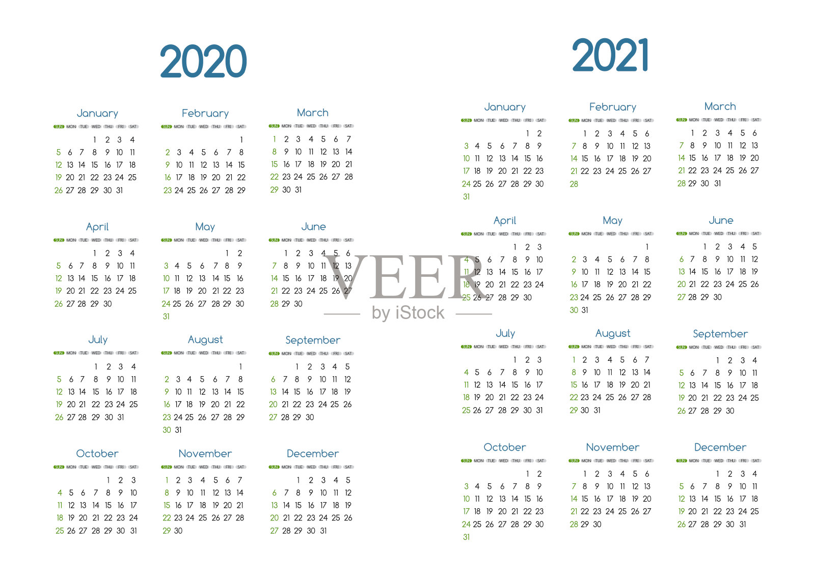 2020年和2021年矢量日历现代简单设计与圆形san serif字体，假日事件策划，周开始周日。设计模板素材
