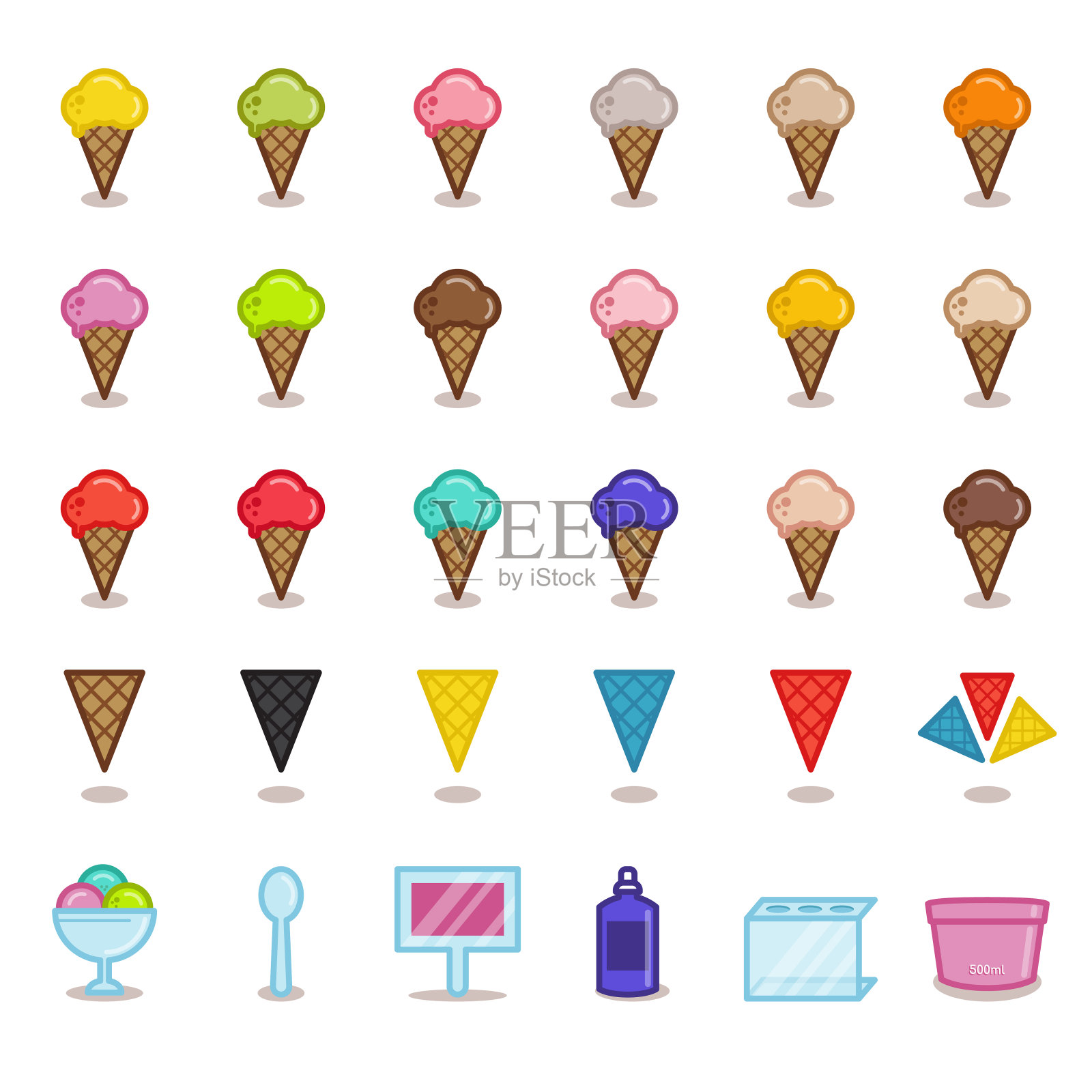 大的一套简单的轮廓图标为冰淇淋咖啡馆。孤立在白色背景上。不同口味的冰淇淋。图标素材