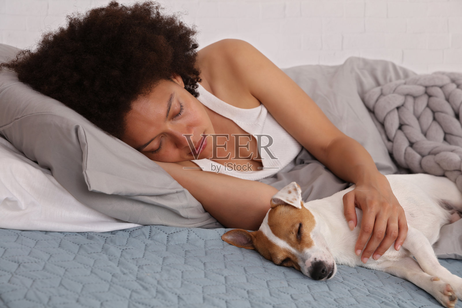 女人和狗睡在一起。宠物过敏的概念。舒适的风格照片摄影图片