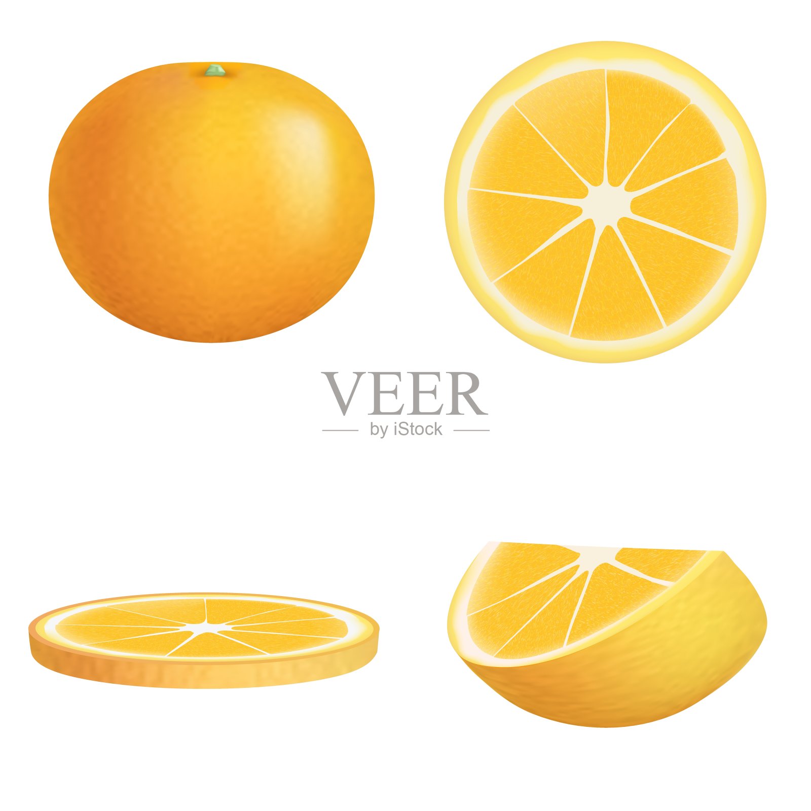 新鲜的切片和整个橙子逼真的设置。矢量插图孤立在白色背景。设计元素图片