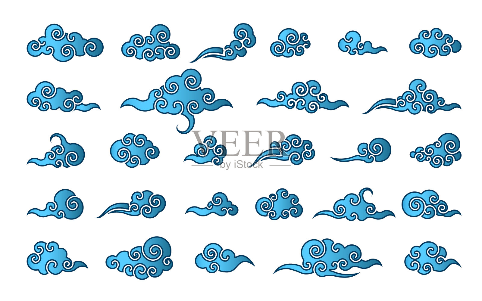 中国式的云。抽象的蓝色浑浊集隔离在白色背景上。矢量图插画图片素材