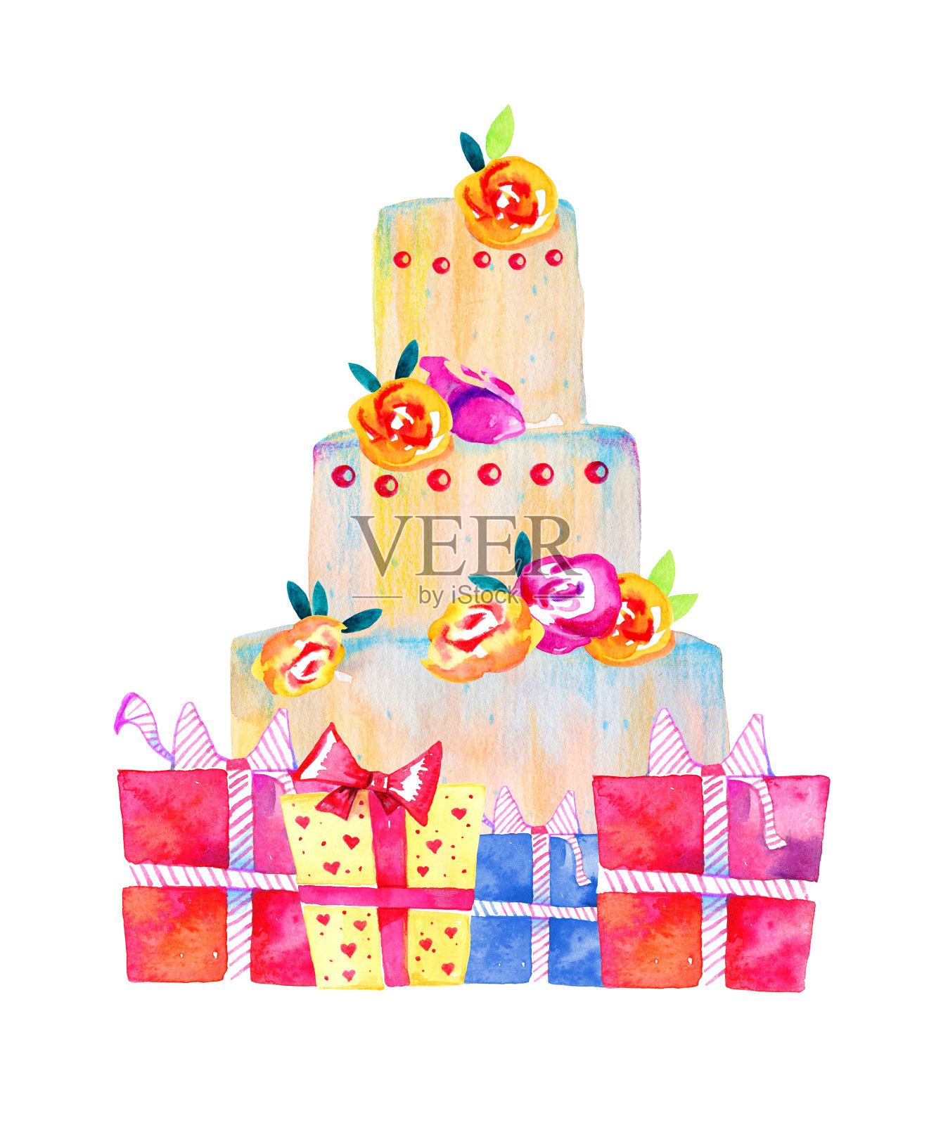 装饰和礼盒的生日蛋糕。手绘卡通水彩素描插图插画图片素材