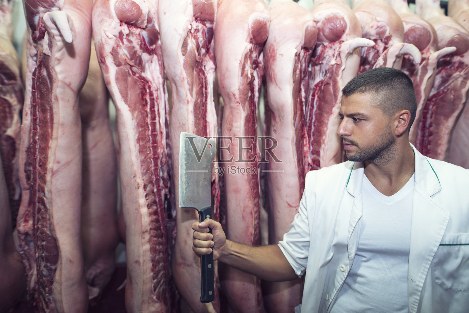 专业屠夫手持锋利的切肉刀准备在食品生产屠宰场切猪肉。照片摄影图片