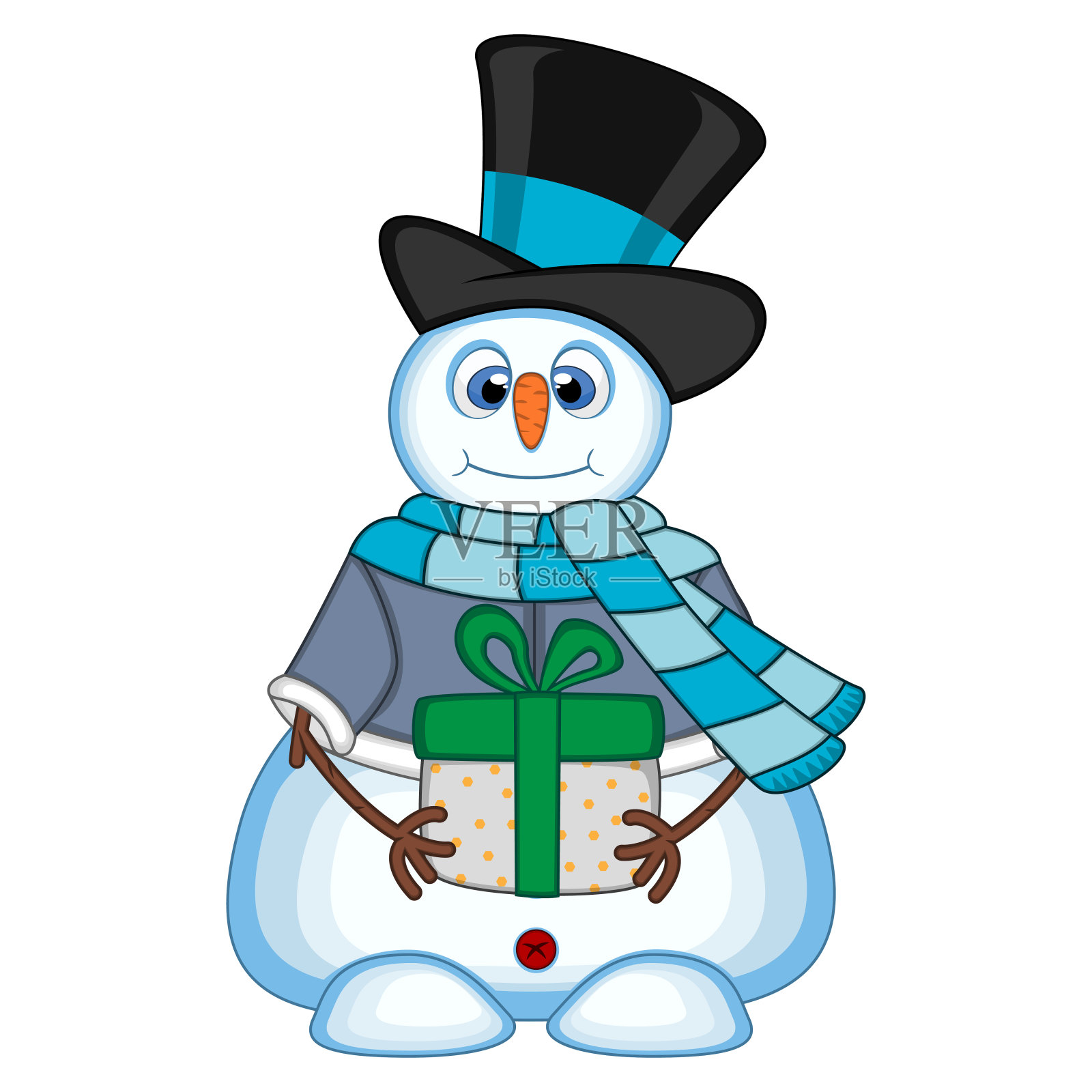 雪人带着礼物戴着帽子，蓝色的毛衣和蓝色的围巾设计元素图片