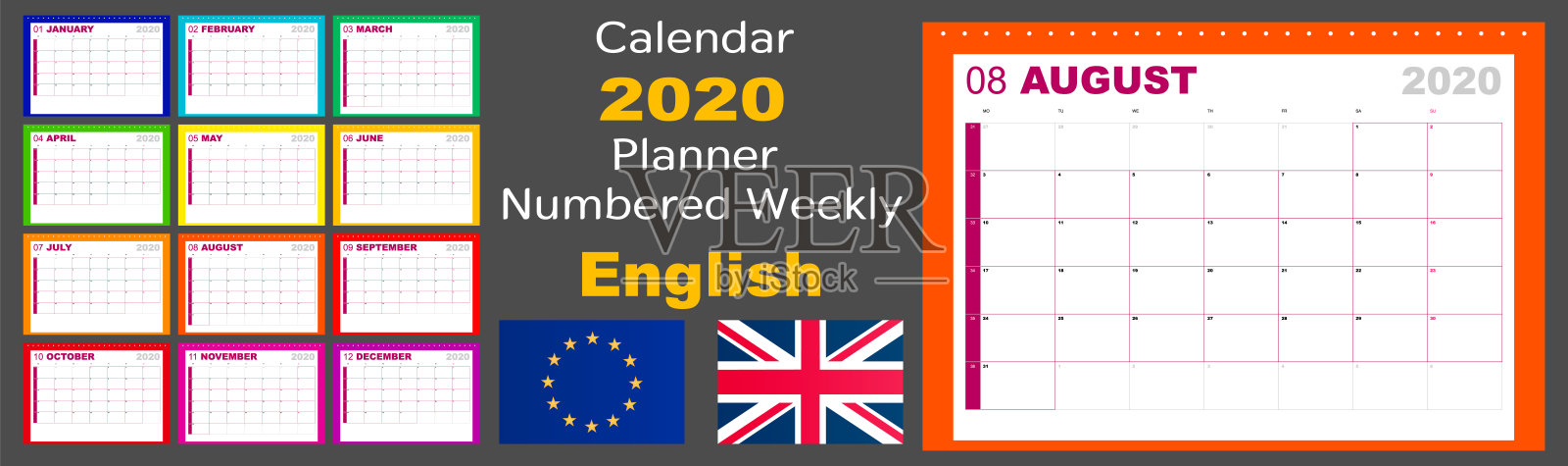 日历2020计划是每周编号。语言是英语，标准是欧洲。一周从星期一开始。向量插画图片素材