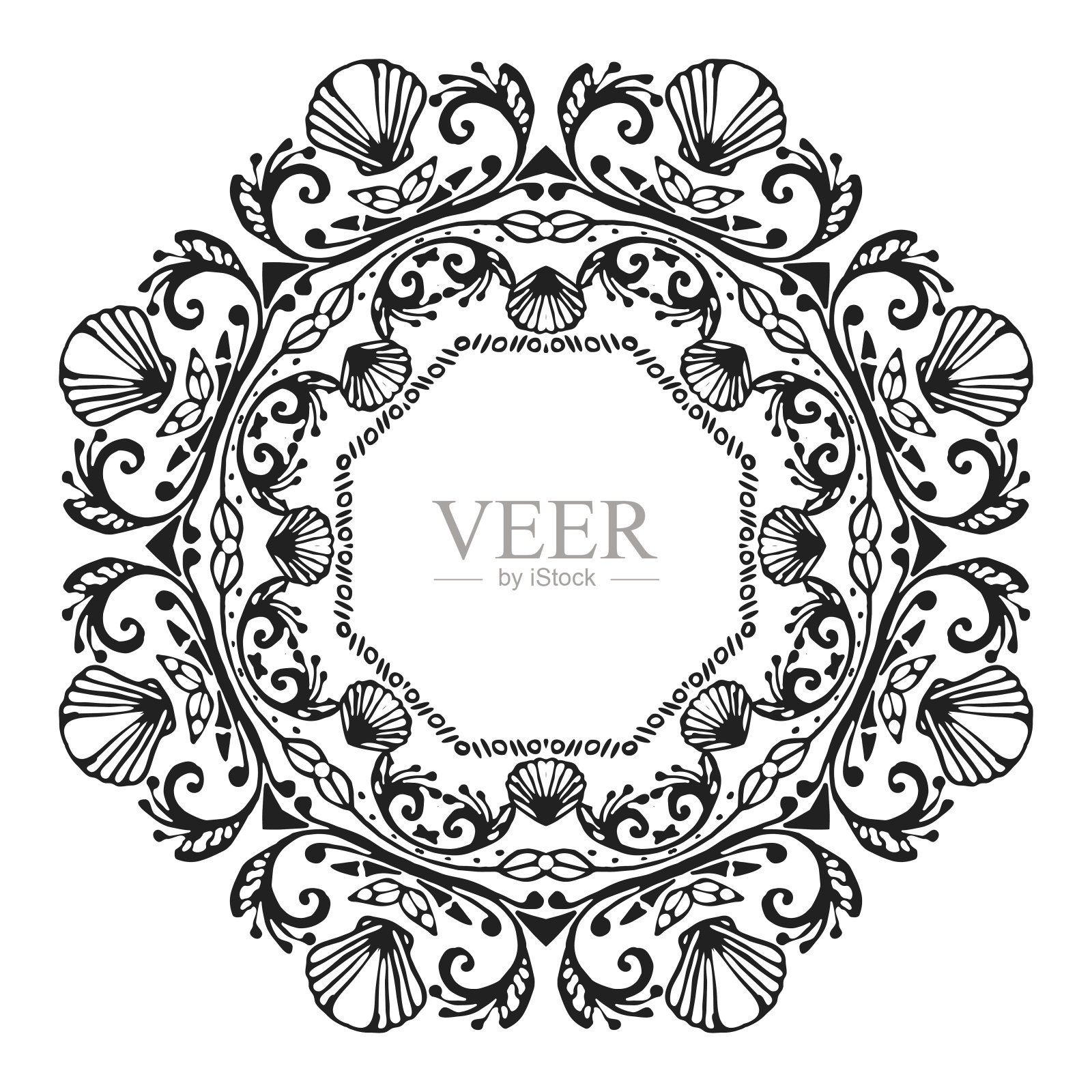 黑色的海曼陀罗与海贝壳在白色的背景。装饰装饰元素插画图片素材