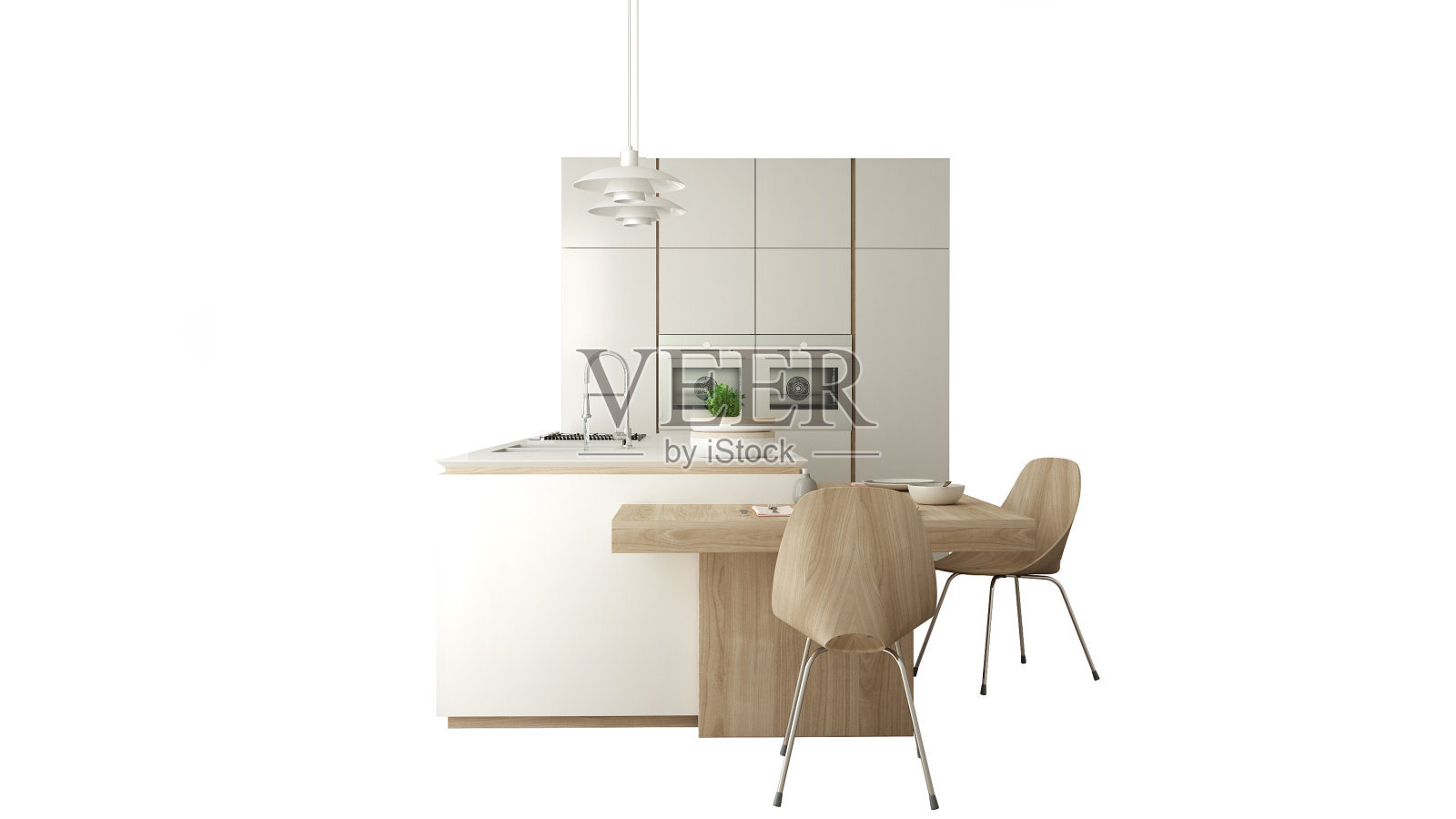 现代白色厨房与木质细节在当代豪华公寓，室内设计理念理念，孤立在白色背景与复制空间，极简主义家具照片摄影图片