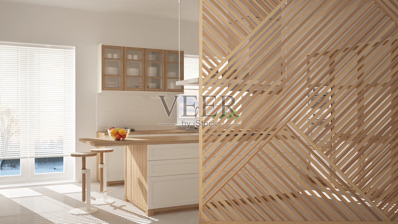 木制面板特写，现代白色厨房岛和凳子，拼花地板。极简禅宗室内设计理念理念，当代建筑模板照片摄影图片