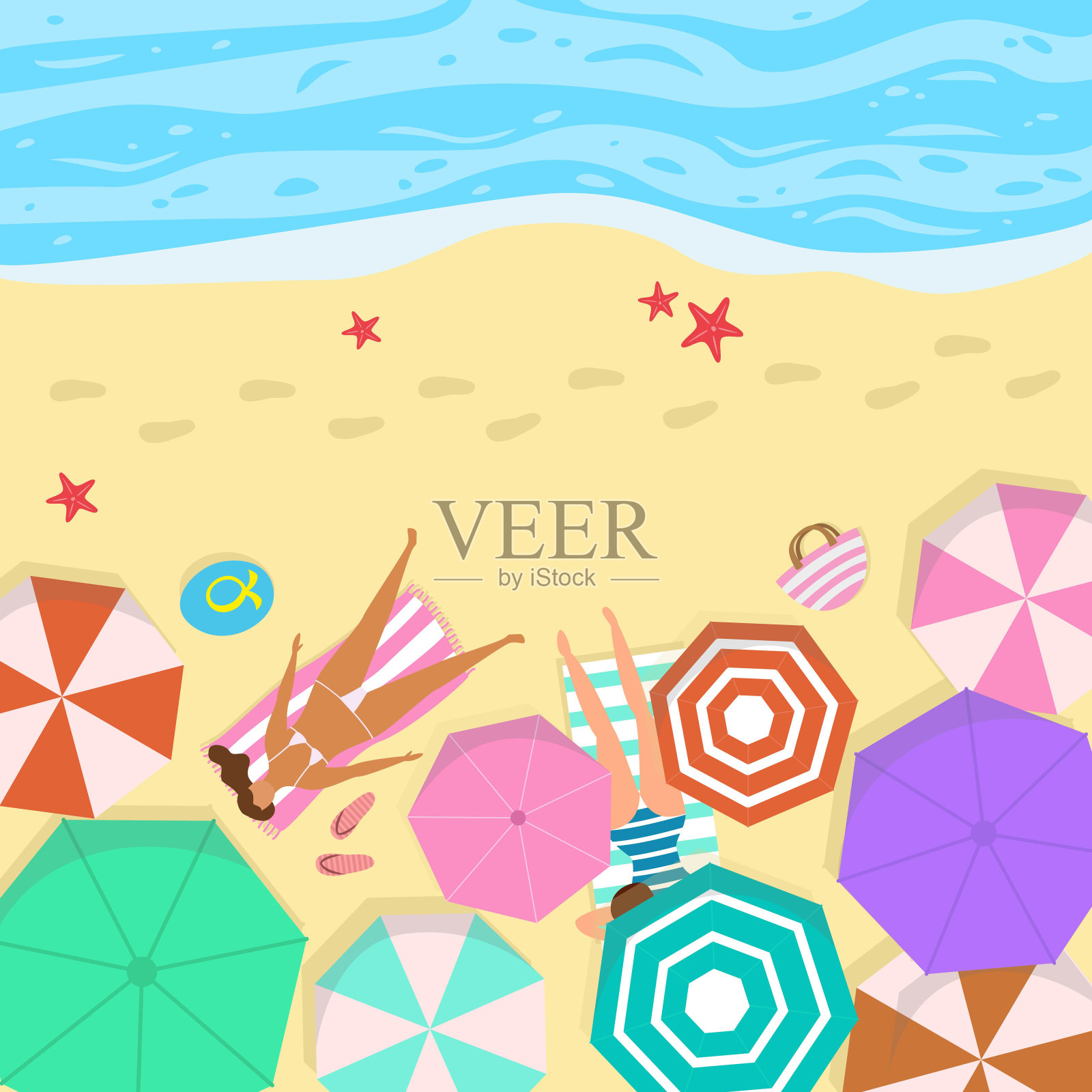 夏日的海景带着伞和人。插画图片素材