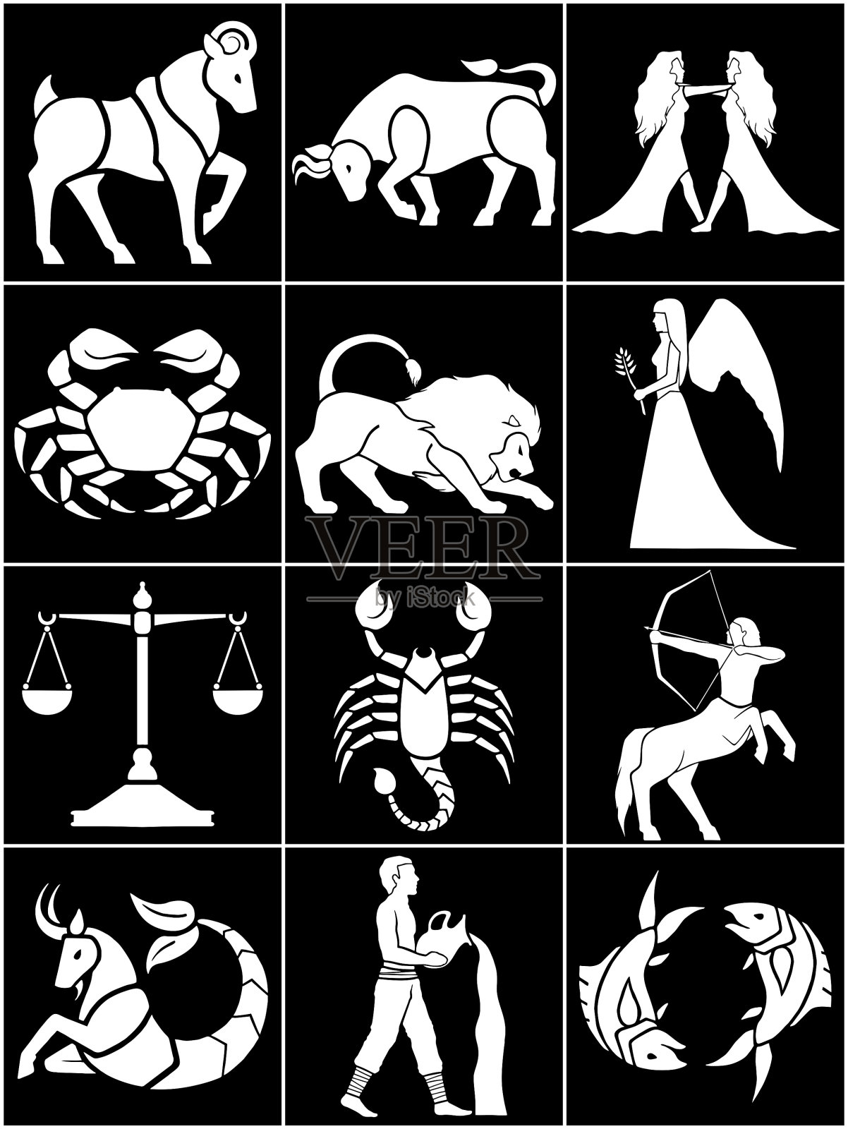 黄道/占星符号-黑色和白色设计元素图片