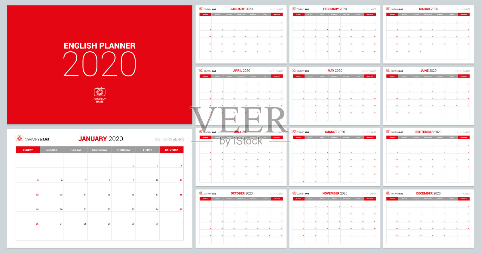 2020 calendar. English planner. Сolor vector template. Week starts on Sunday. Business planning. New year calender. Clean minimal table. Simple design stock illustration设计模板素材