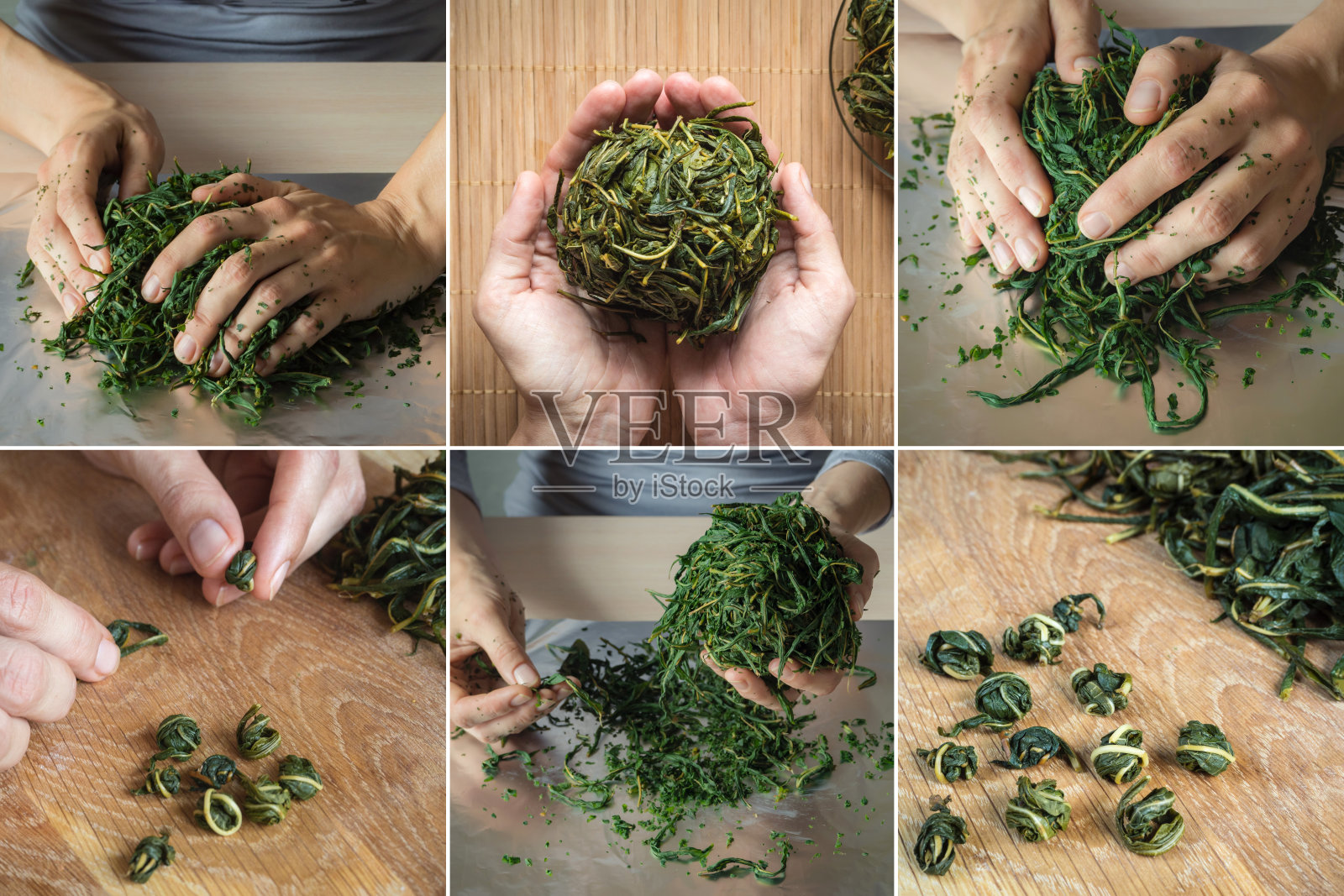 手工制作的发酵绿茶拼贴画。照片摄影图片