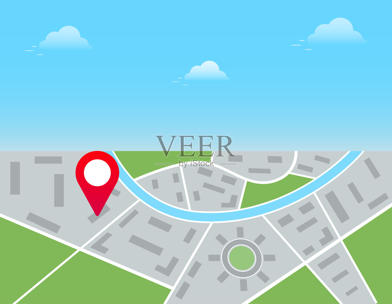 红色大头针标记显示城市地图上的位置，gps导航，路线目的地检查点。矢量图插画图片素材