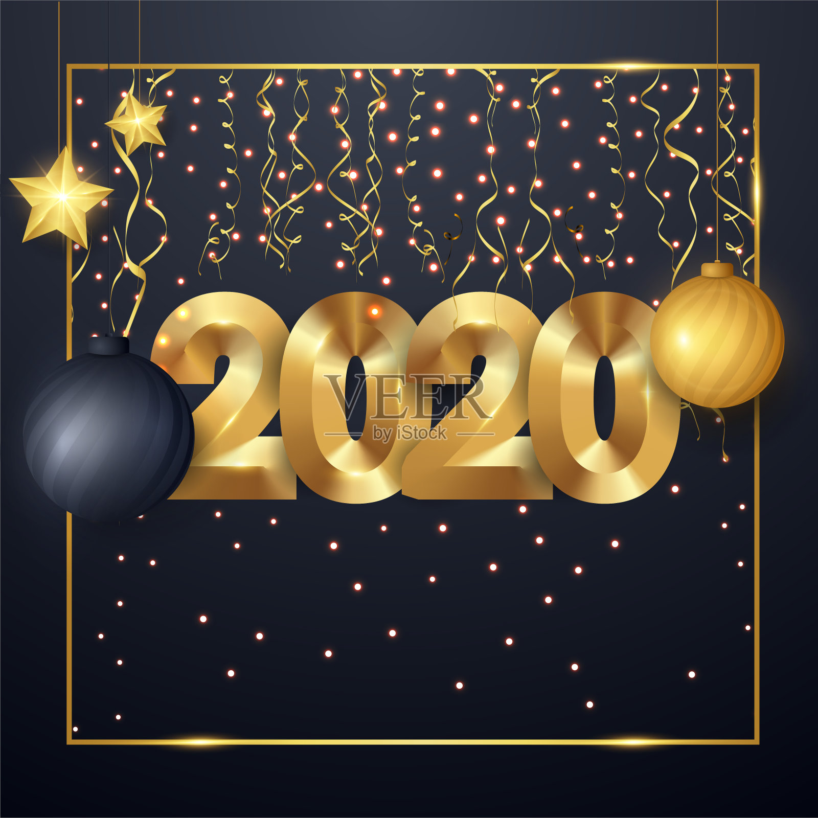 新年快乐2020冬季节日贺卡设计模板。晚会海报、横幅或邀请金闪闪的星星、五彩纸屑闪闪发光的装饰。矢量背景与金色礼物弓插画图片素材