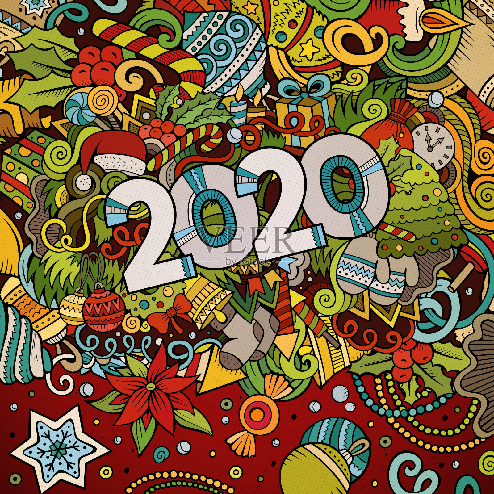 2020手绘涂鸦插图。新年物品和元素海报插画图片素材