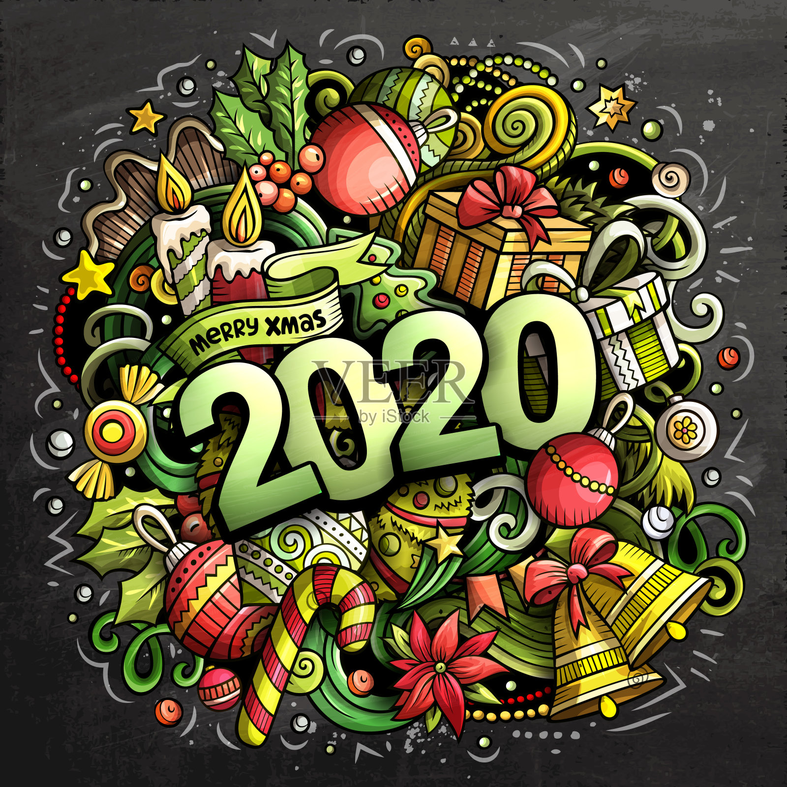 2020手绘涂鸦粉笔板插图。新年目标插画图片素材