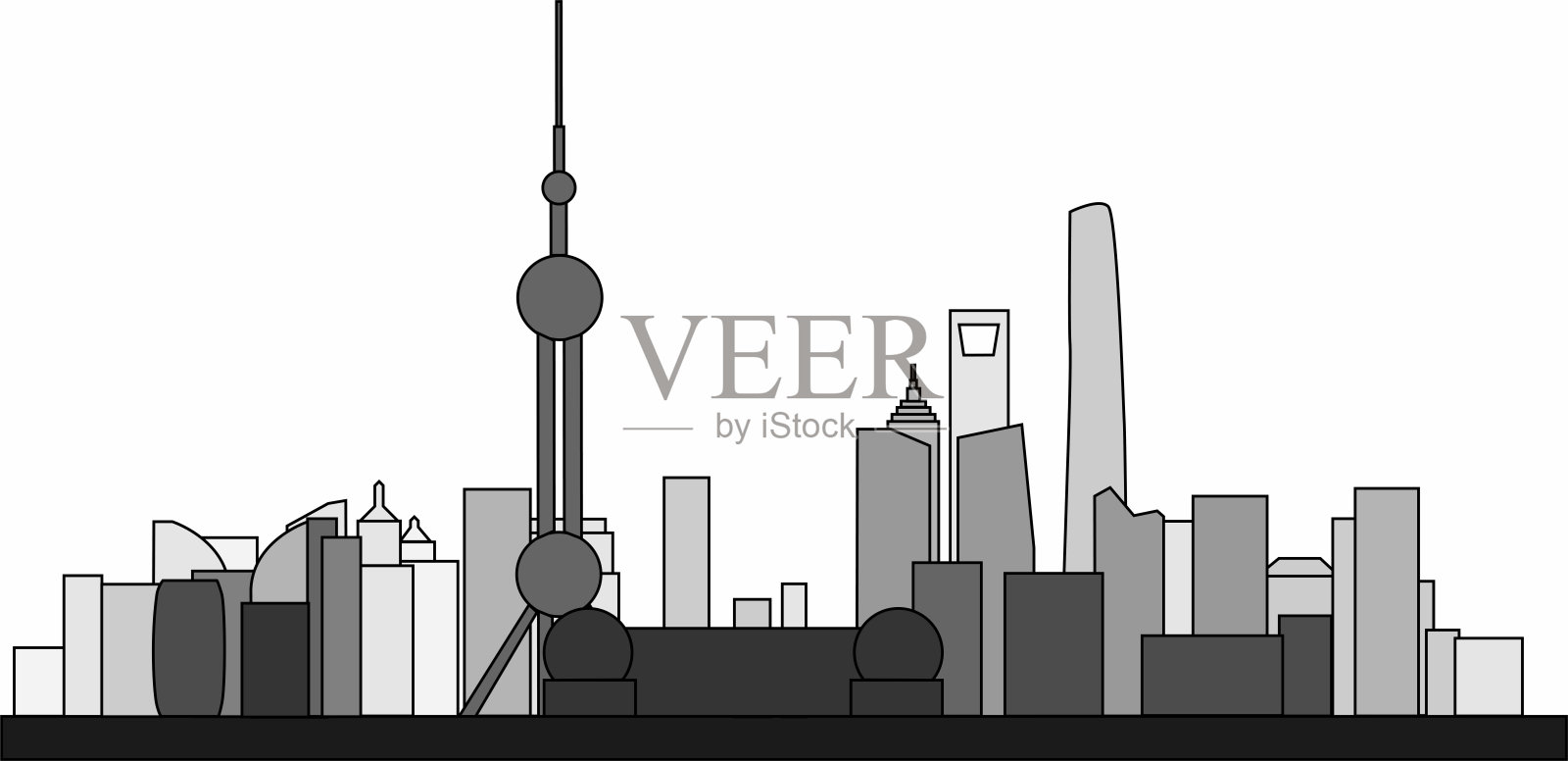 白色的背景勾勒出上海商业区的轮廓。矢量插图。插画图片素材