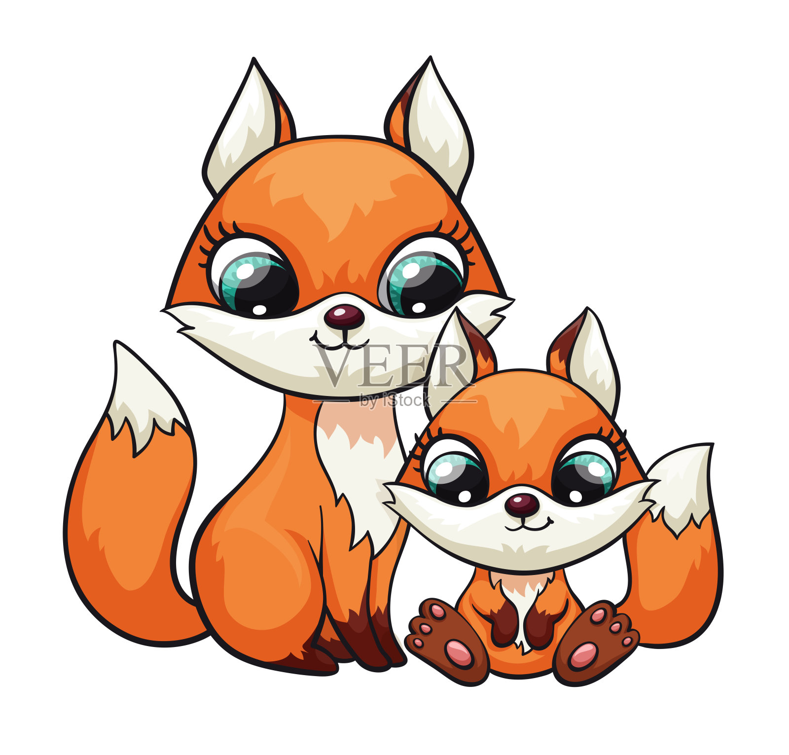狐狸宝宝和妈妈或爸爸可爱的印花。甜蜜的小的家庭。酷朋友动物插画设计元素图片