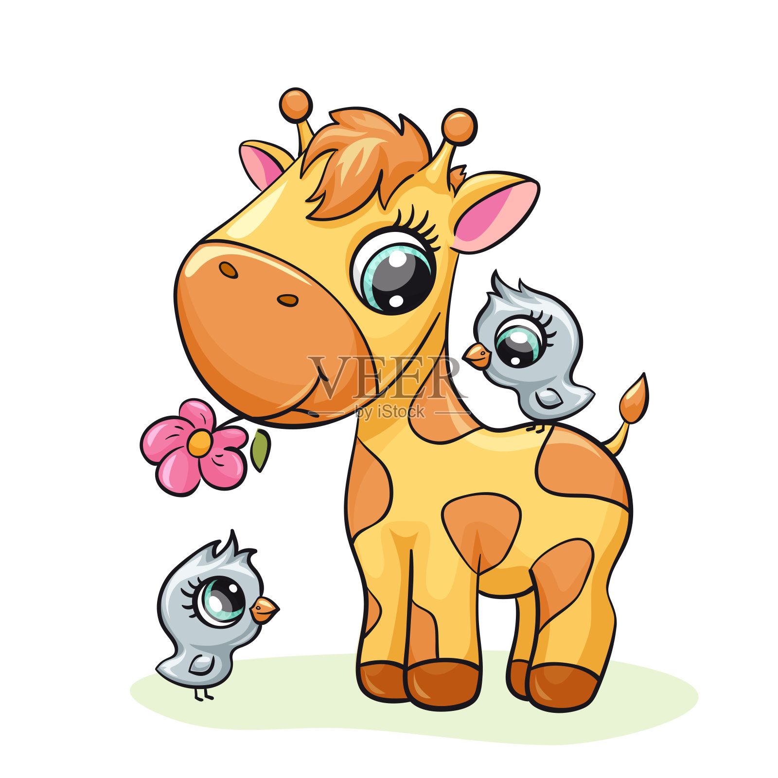 长颈鹿宝宝与鸟和花可爱的印花。可爱的小家伙们。酷酷的非洲动物插画图片素材