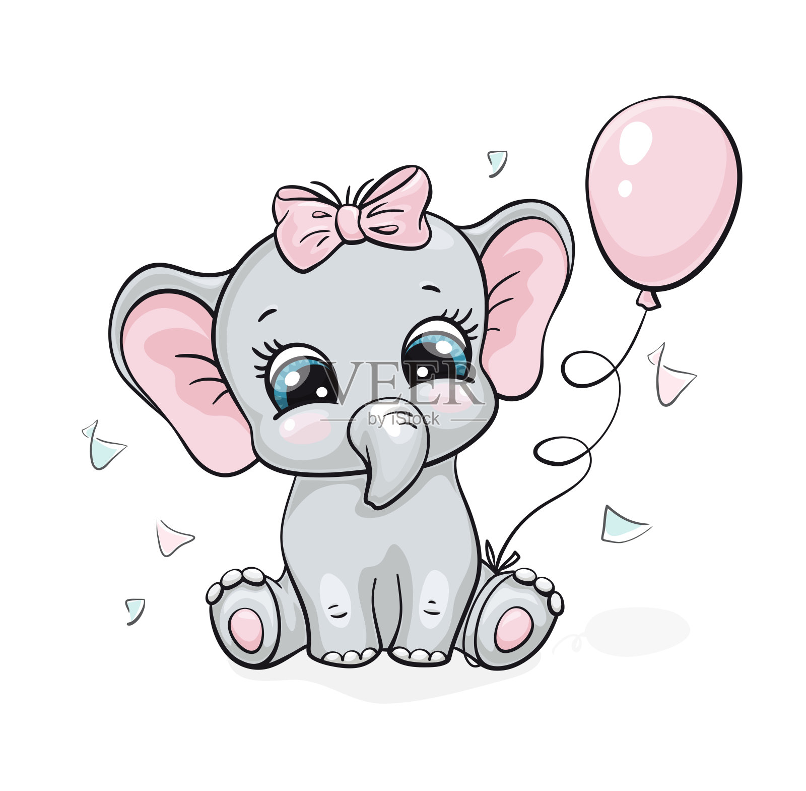 大象，宝宝可爱的印花。带着蝴蝶结，气球，五彩纸屑的可爱小女孩。酷非洲动物插画插画图片素材