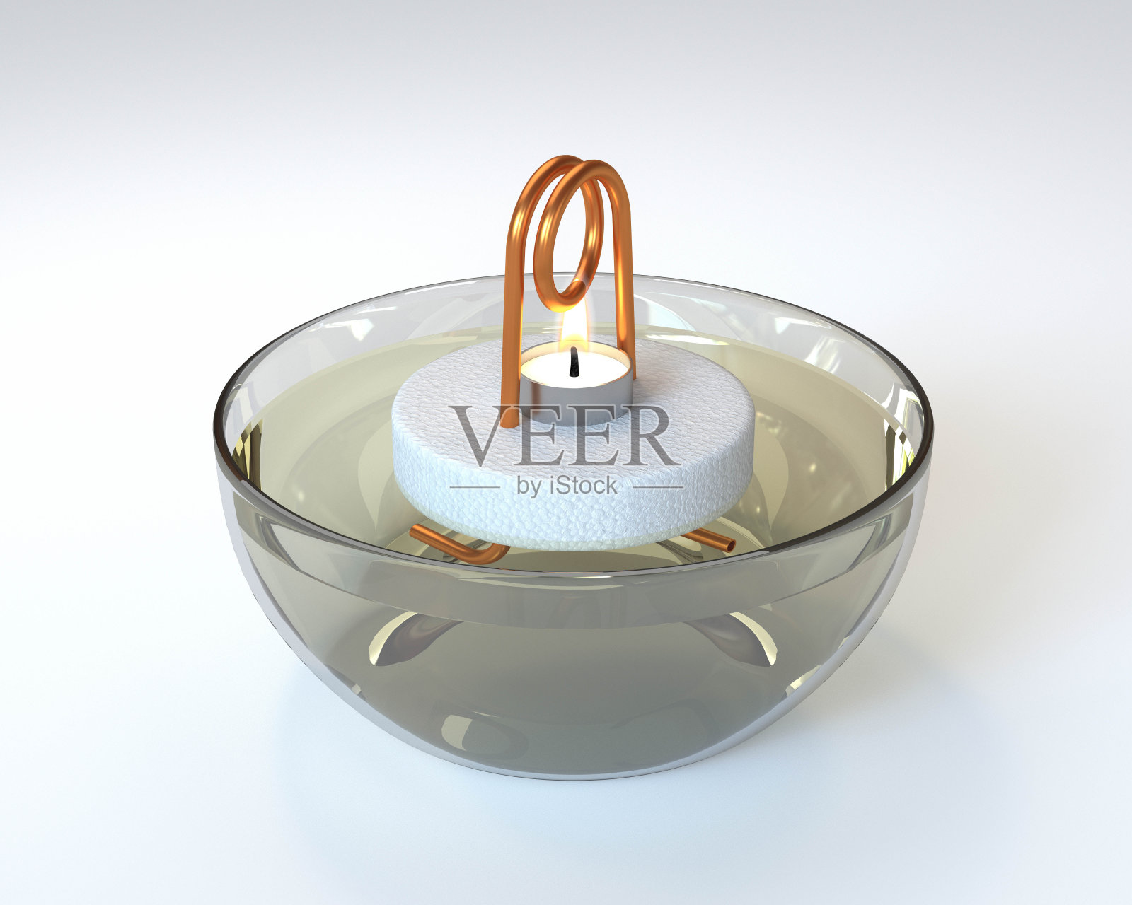 热是一种力的实验。铜管在玻璃碗和蜡烛火。三维渲染照片摄影图片