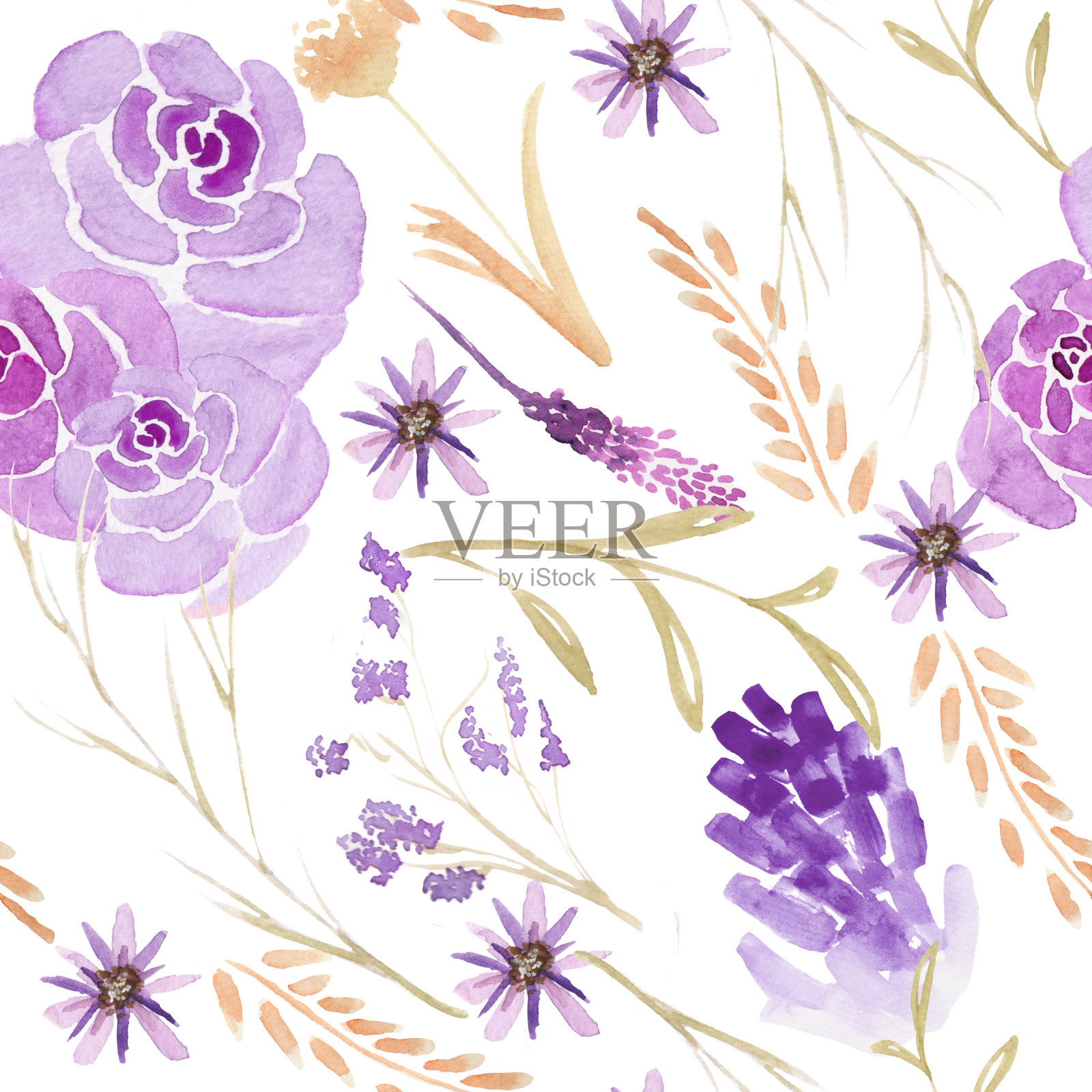 水彩无缝模式与紫罗兰玫瑰，薰衣草，紫罗兰，叶子和花在白色背景上的高分辨率5000x5000像素插画图片素材