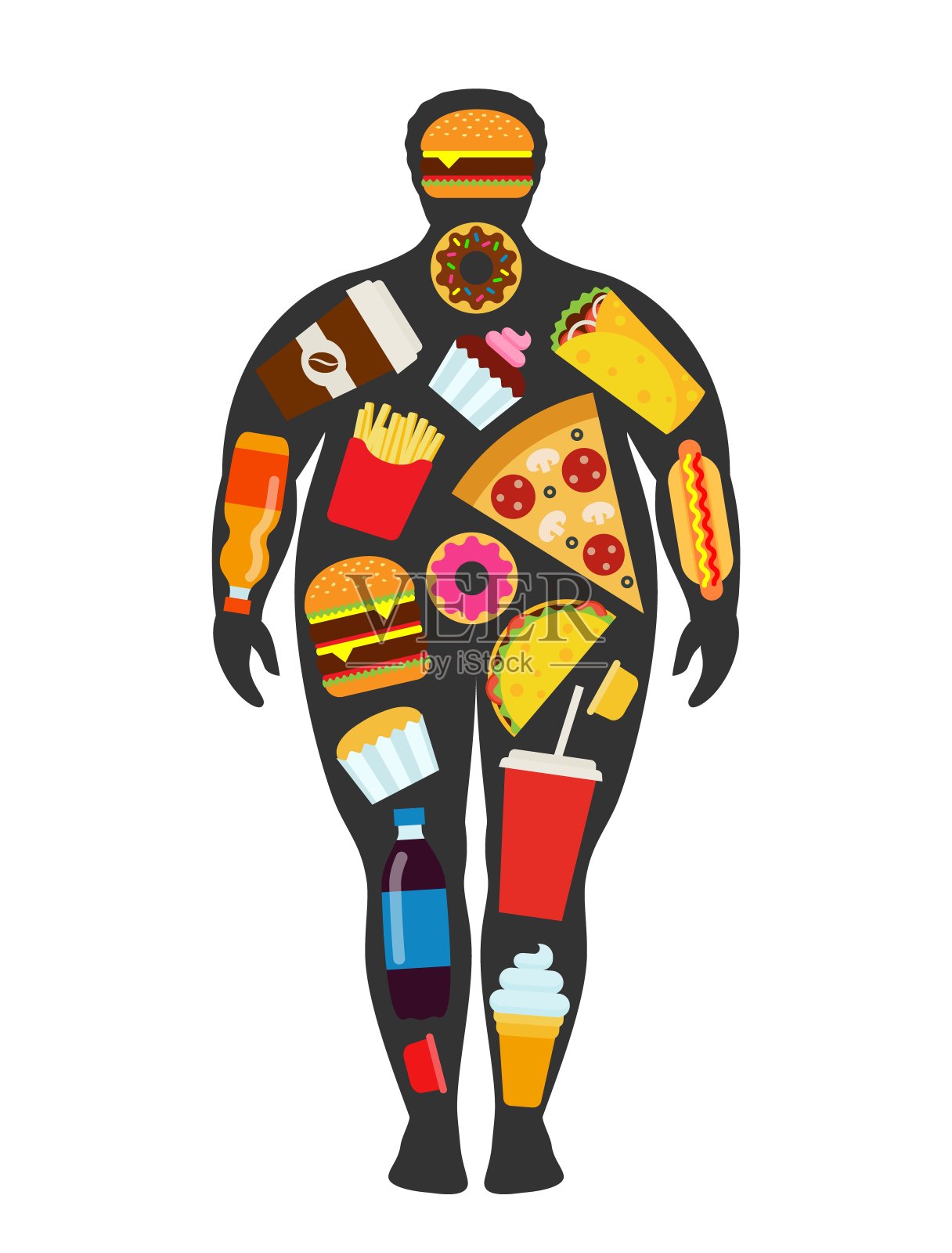 男子剪影与零散的快餐元素。不健康、垃圾食品和肥胖观念插画图片素材