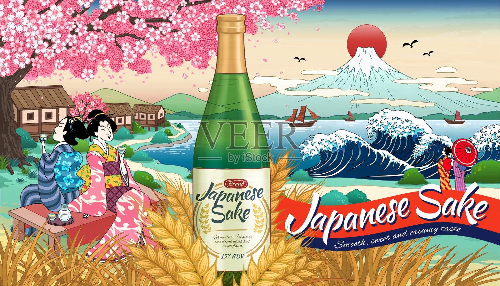 浮世绘风格的日本清酒广告插画图片素材