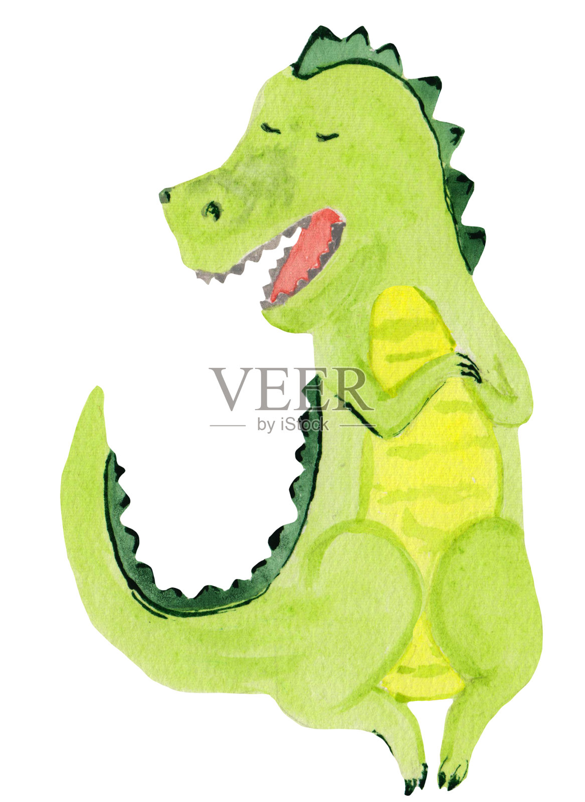 有趣的微笑绿色霸王龙恐龙。霸王龙的水彩画版画，明信片，海报，儿童纺织品。插画图片素材