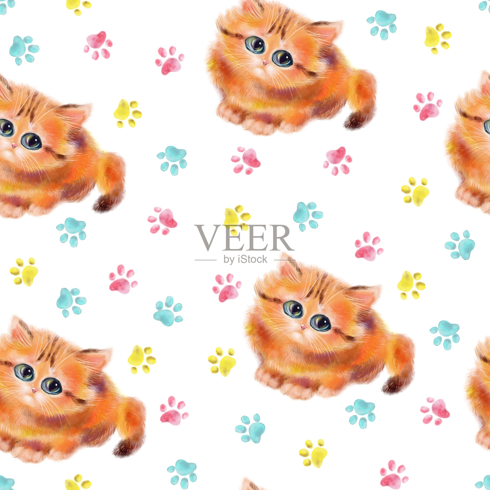 可爱的小猫水彩手绘无缝图案插画图片素材