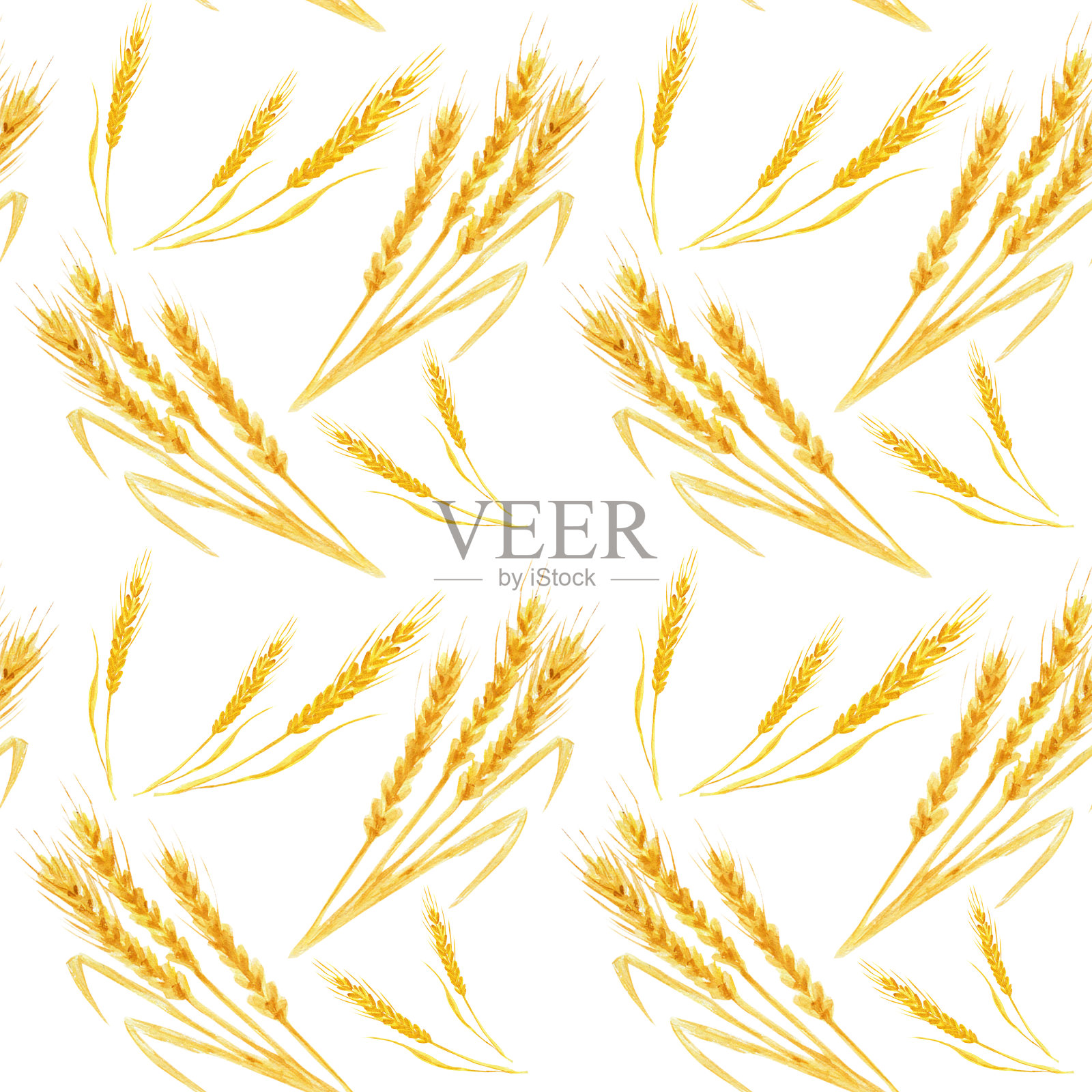 无缝模式与手绘黄色小麦穗。概念农业，有机谷物产品，穗，收获谷物，烘焙，健康食品。水彩插图。织物纹理插画图片素材