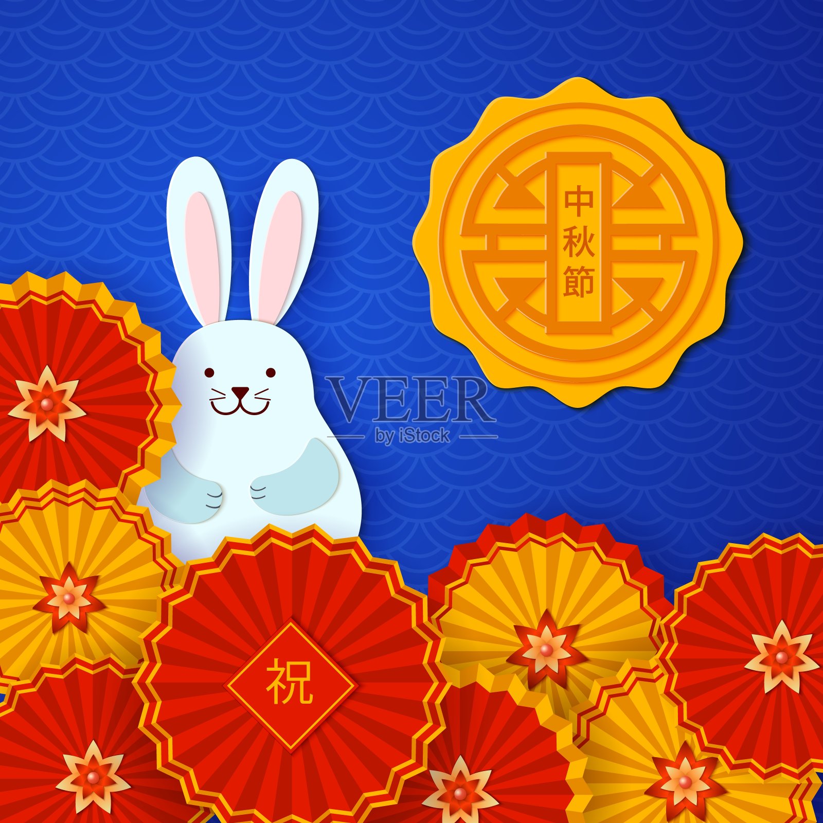 中国中秋节设计。假日背景与亚洲白兔，圆形扇子和月饼象征满月在蓝色背景。东方风格的节日贺卡，纸张设计。向量插画图片素材