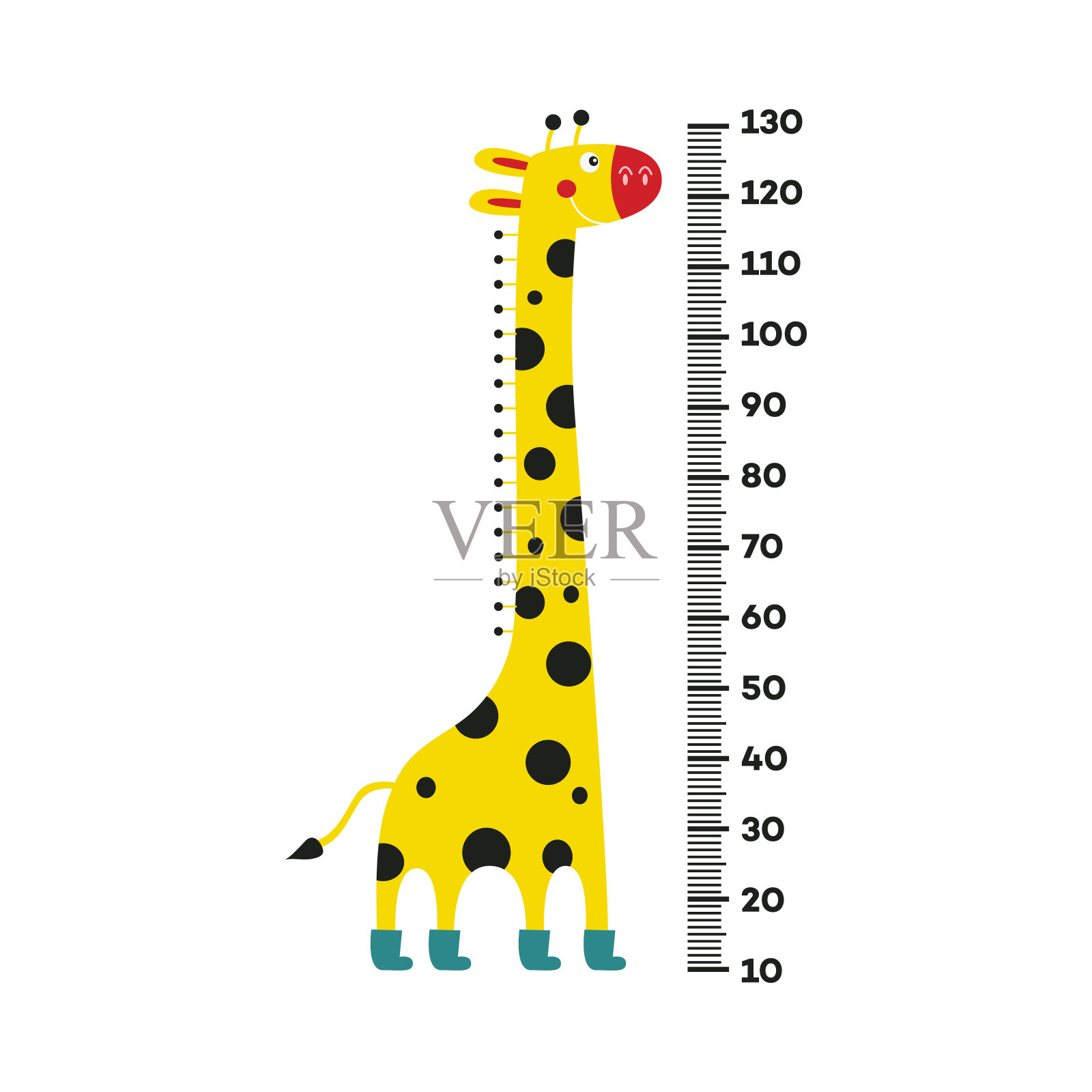 长颈鹿卡通人物长脖子在靴子旁边站从10到130厘米的比例。设计元素图片