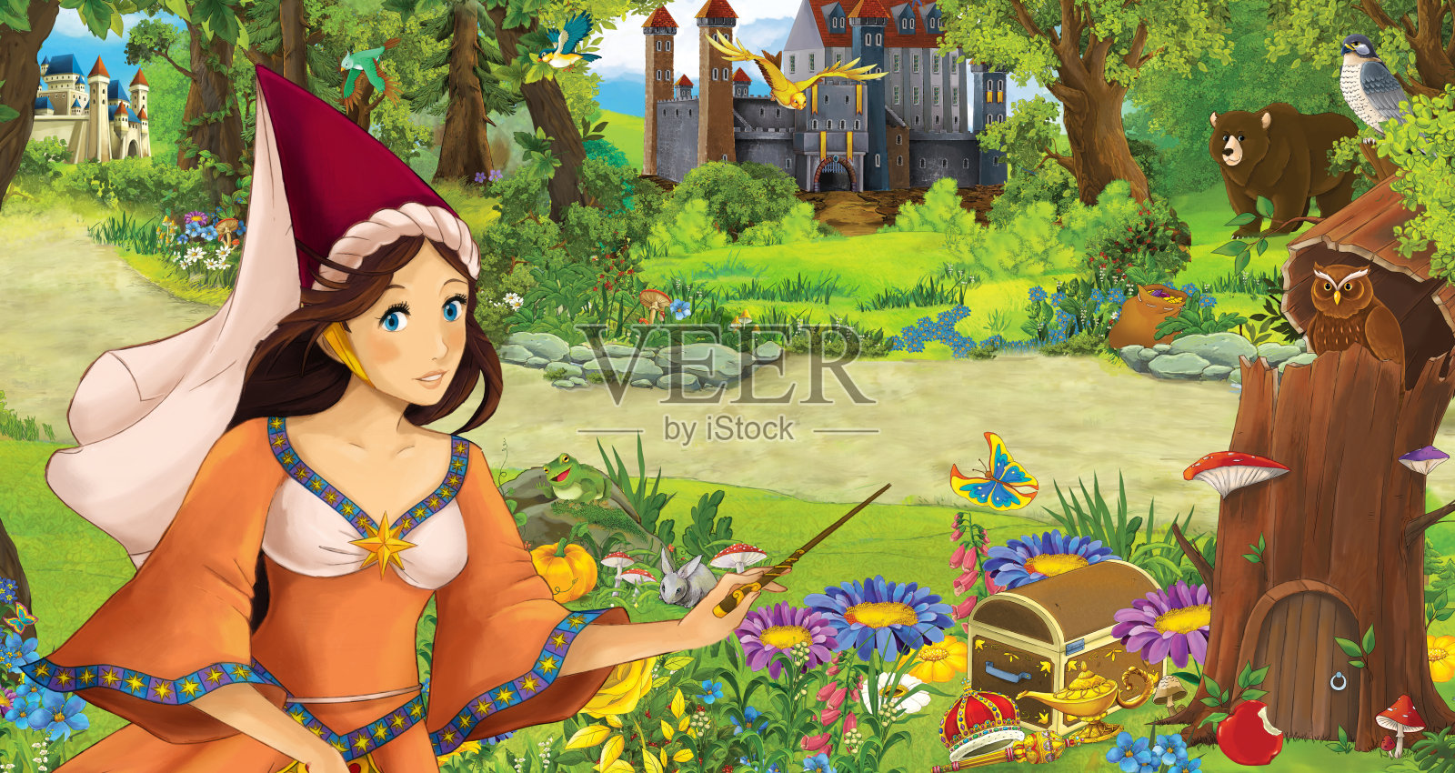 卡通场景与快乐的年轻女孩公主在森林附近的一些城堡插画图片素材