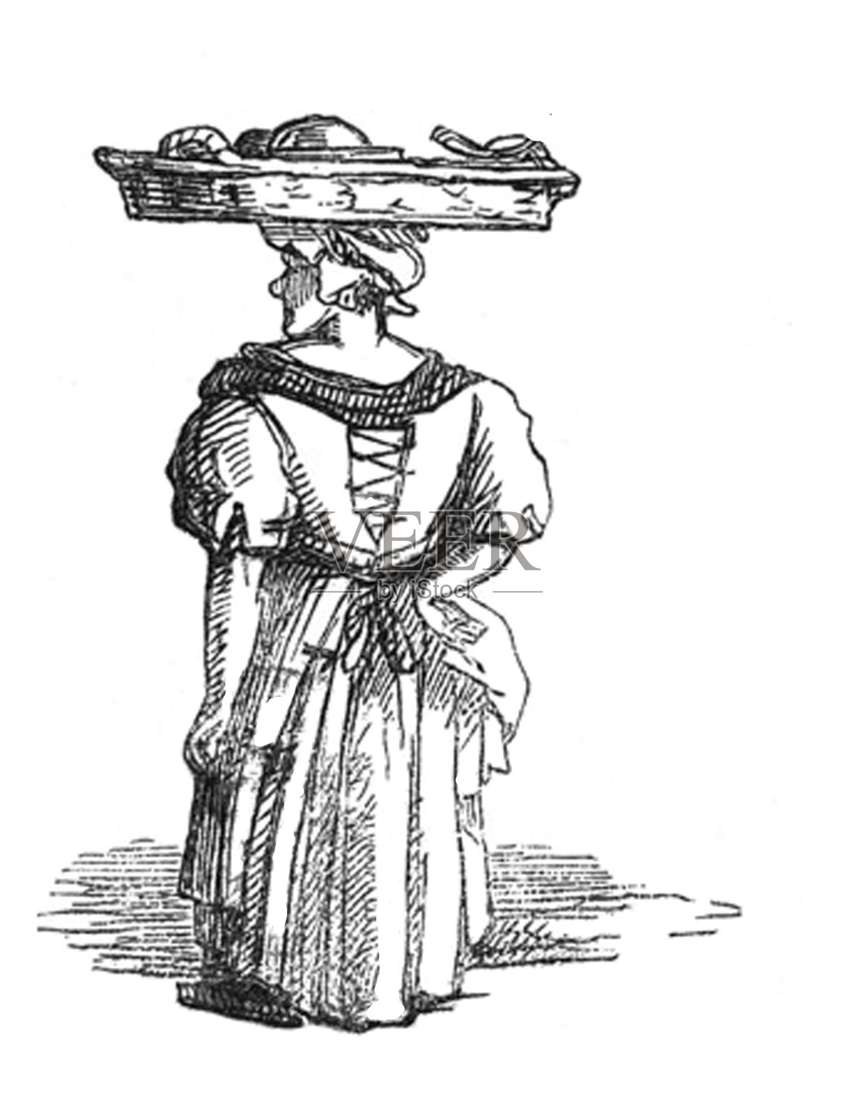 英国讽刺漫画，漫画，漫画插图-女人穿着裙子，在她的头上拿着一个盘子插画图片素材