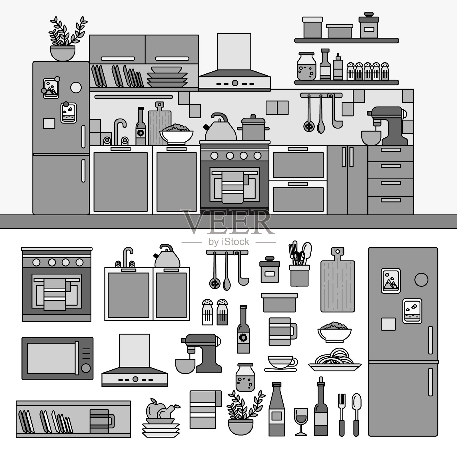 厨房内部配备现代家具。直线单色矢量插图。插画图片素材