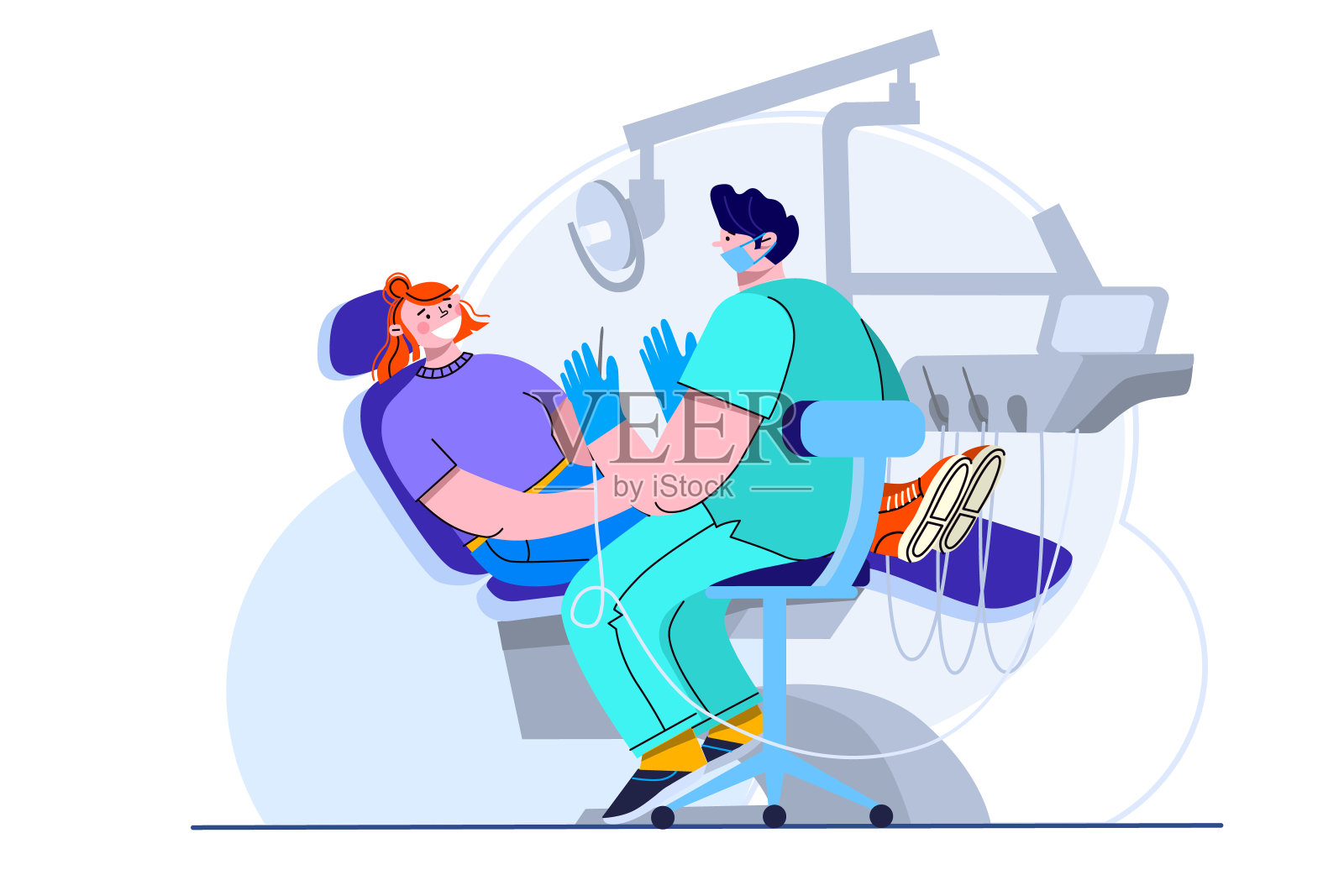 病人坐在牙医诊所的牙科椅上。矢量插图。牙科医生检查病人。插画图片素材