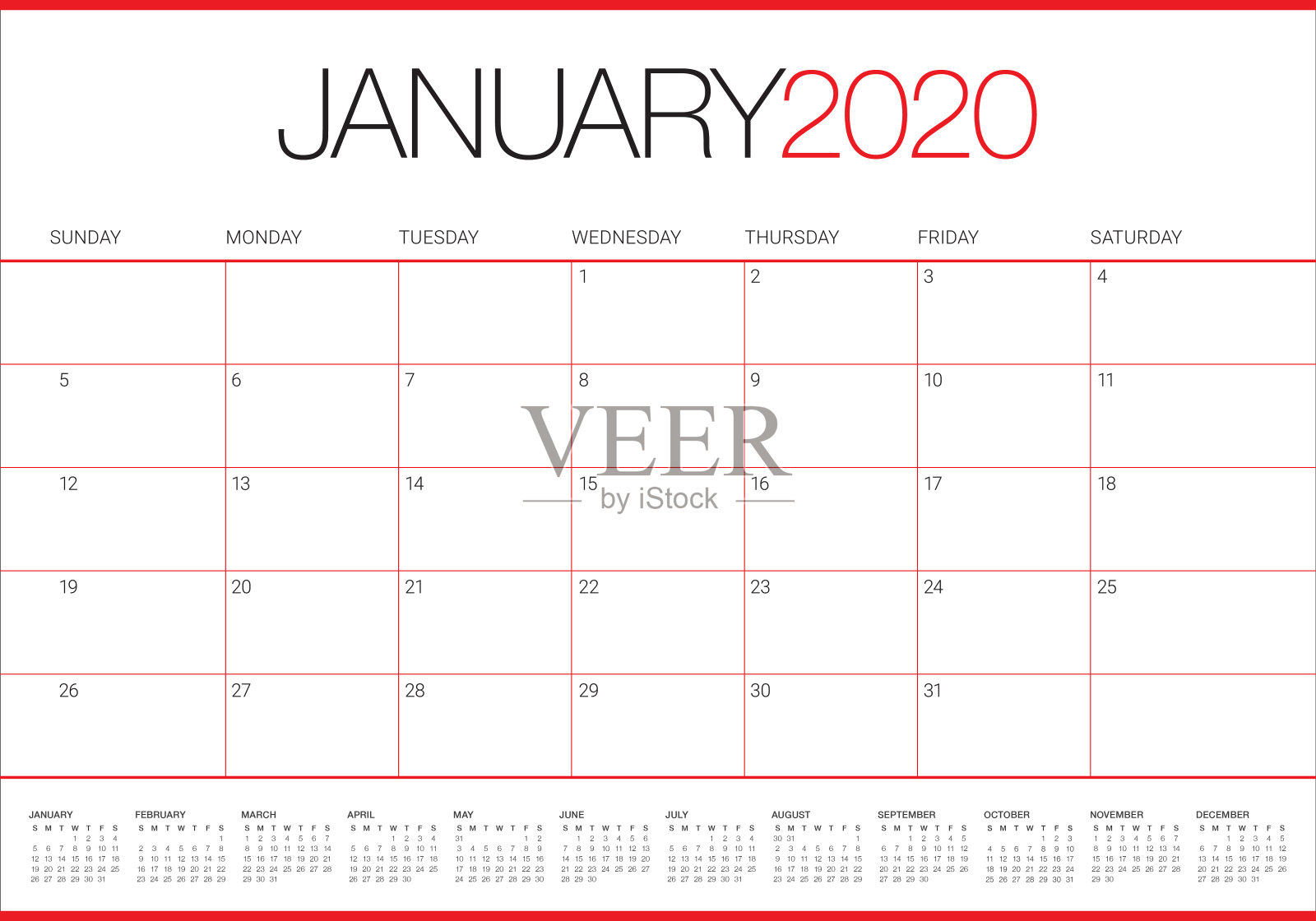 2020年1月台历矢量插图插画图片素材