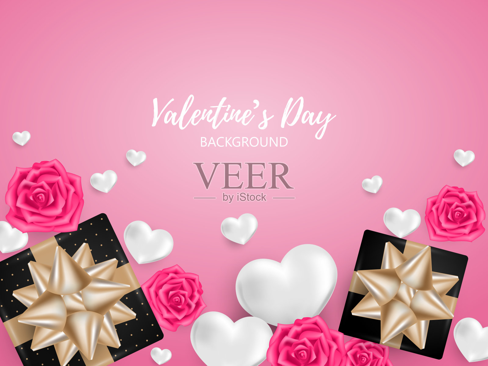 情人节背景现实的黑色礼盒与金丝带，粉红色的玫瑰和白色的心在粉红色的背景与复制空间。以情人节概念为背景，进行广告宣传和促销。矢量插图。插画图片素材